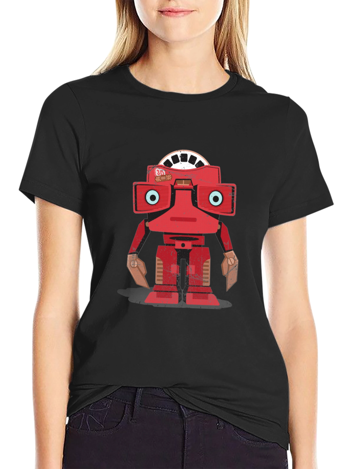Camiseta Negra con Diseño de Robot Retro