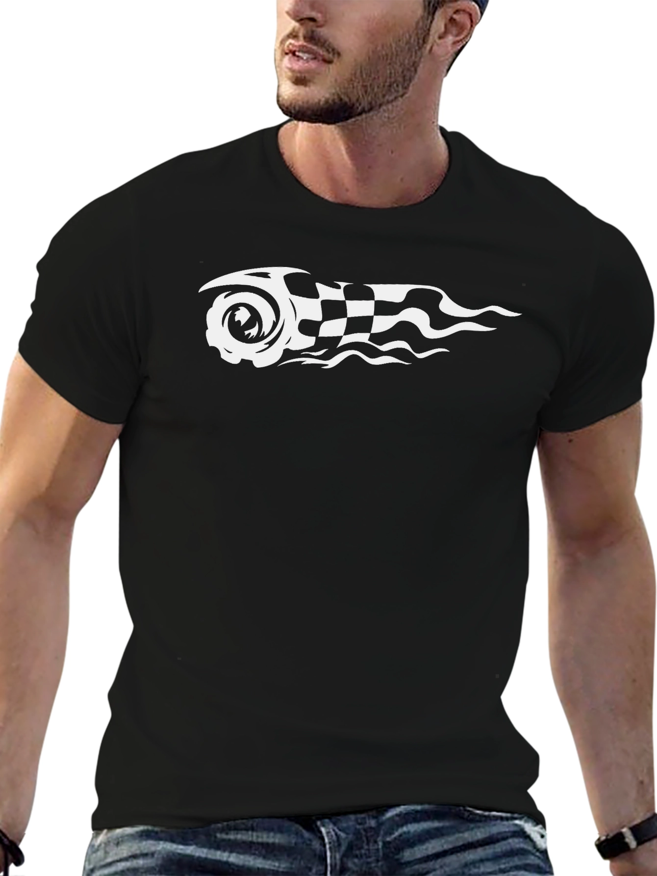 Camiseta Negra con Diseño de Carrera