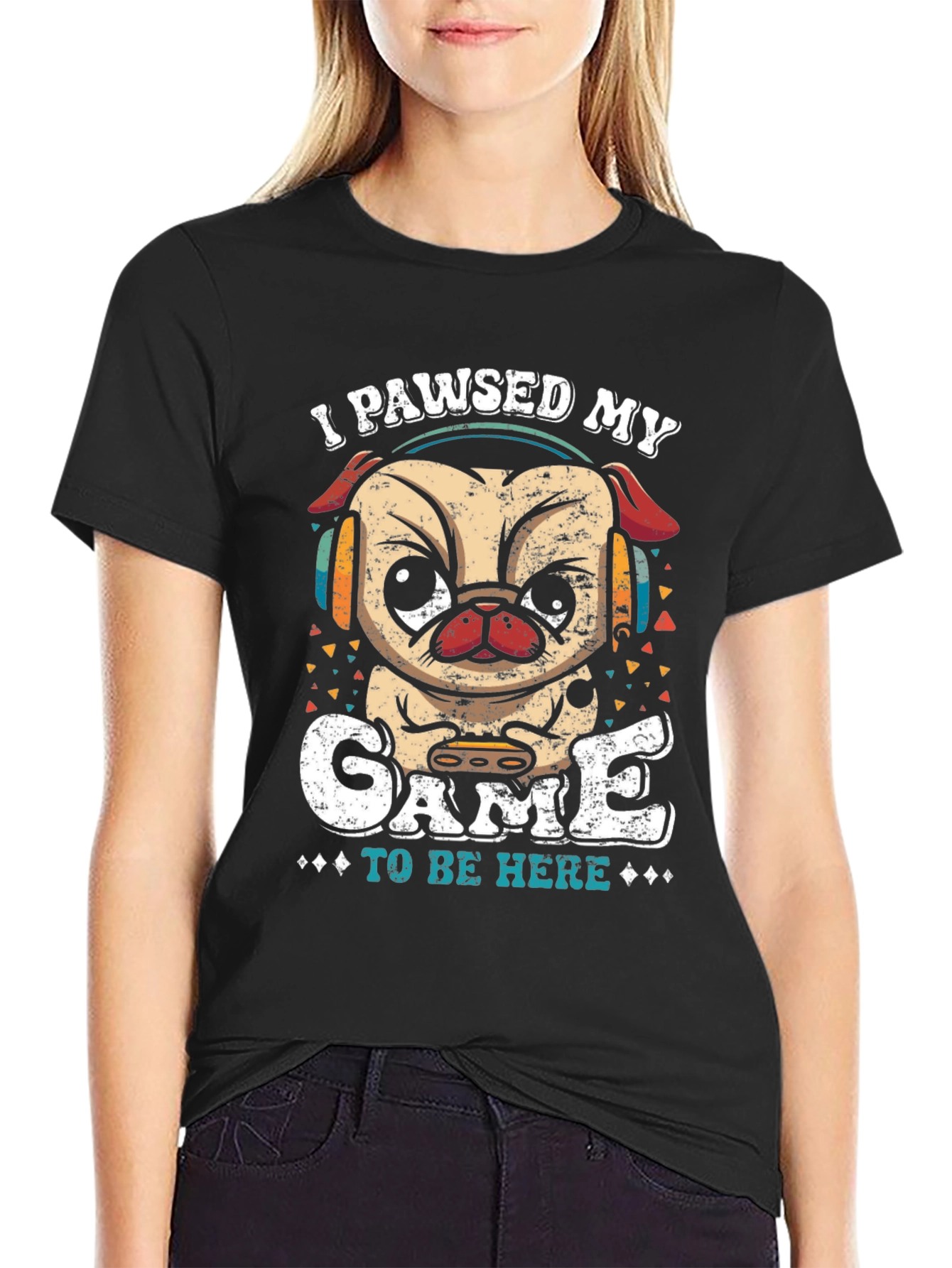 Camiseta Negra con Diseño de Pug Gamer
