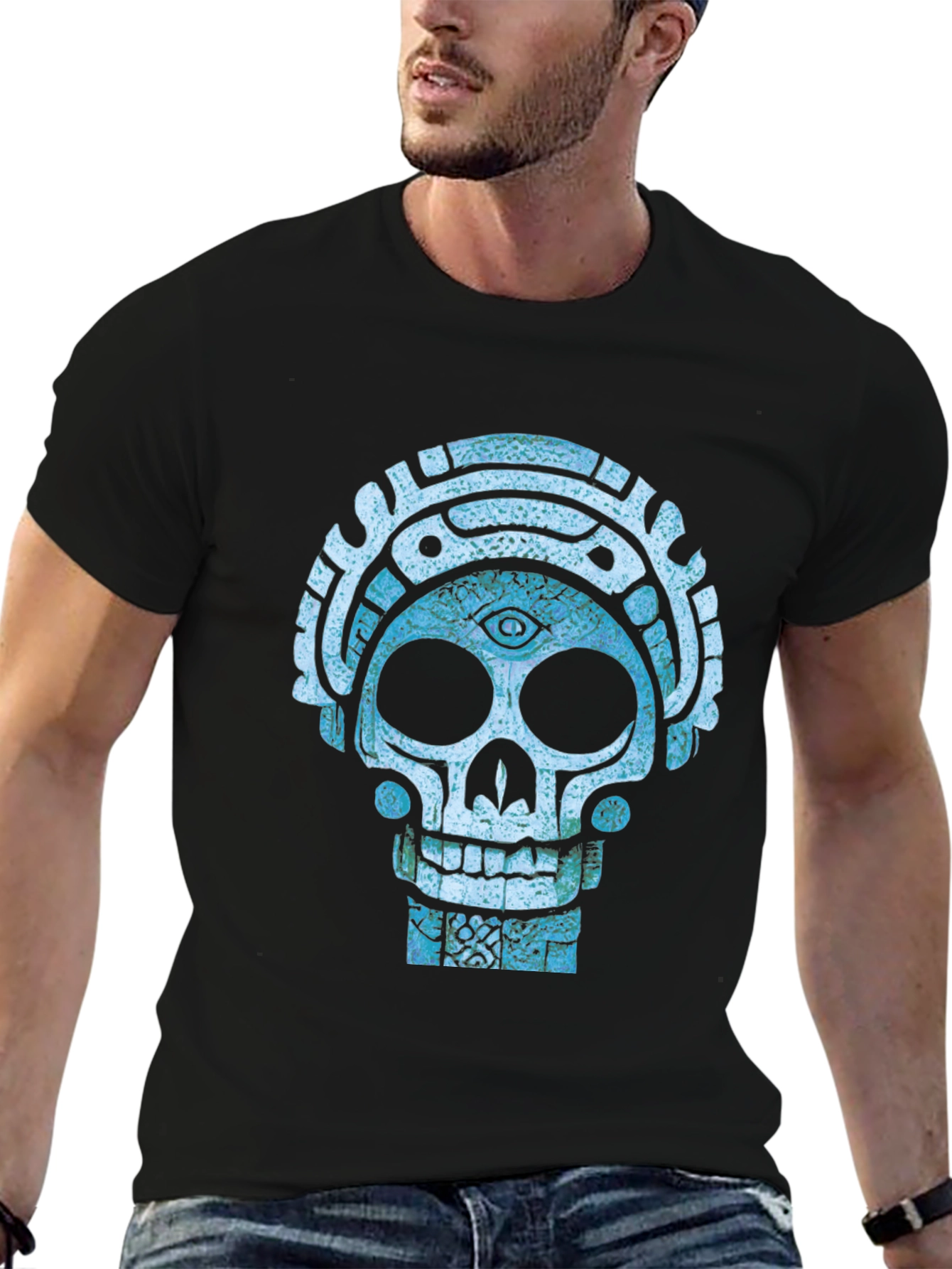 Camiseta Negra con Diseño de Calavera Azteca