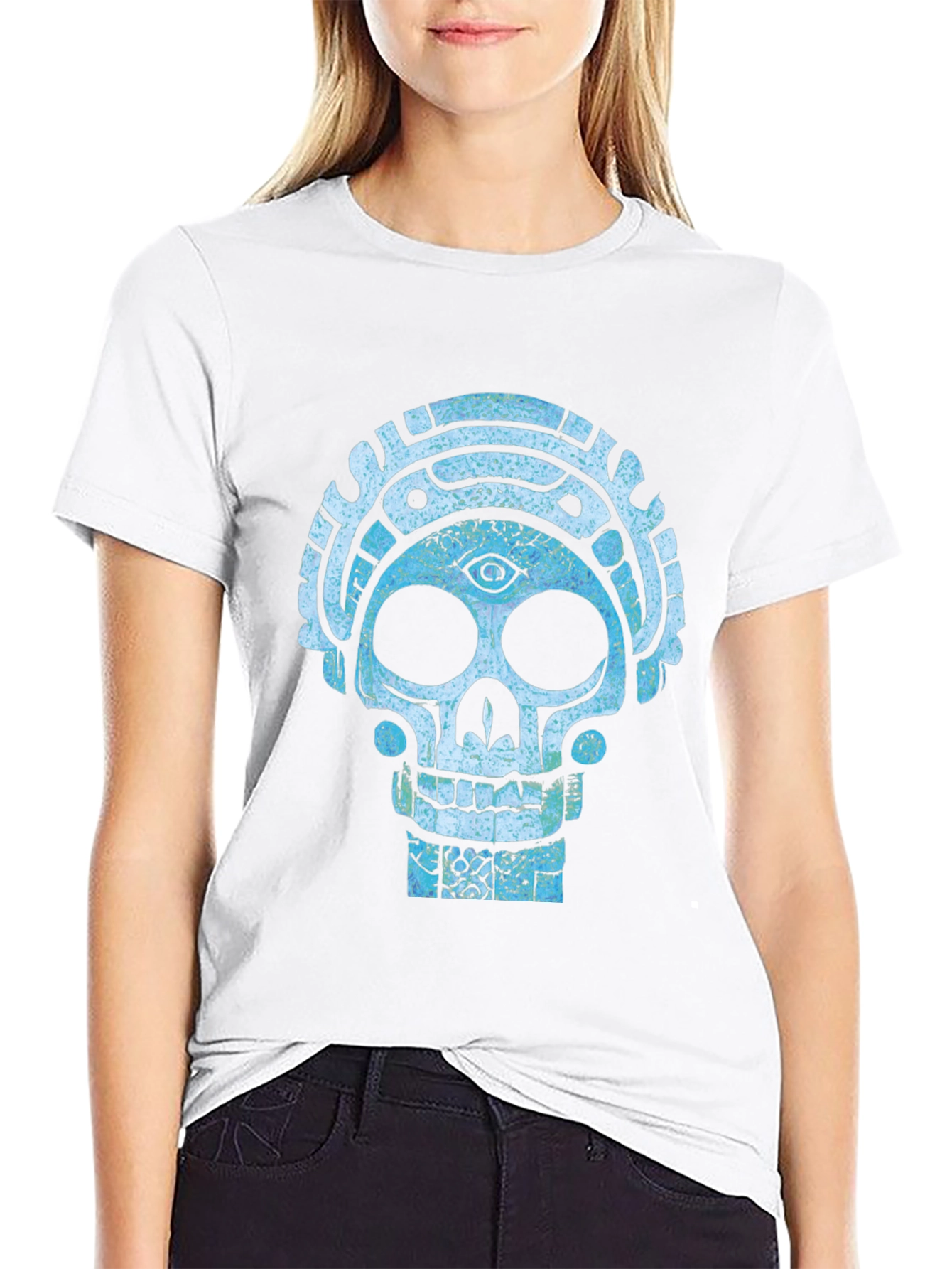 Camiseta Negra con Diseño de Calavera Azteca