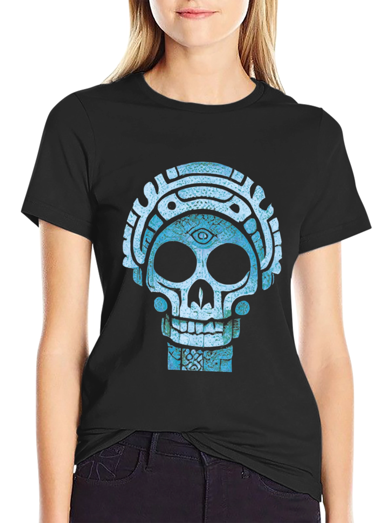 Camiseta Negra con Diseño de Calavera Azteca