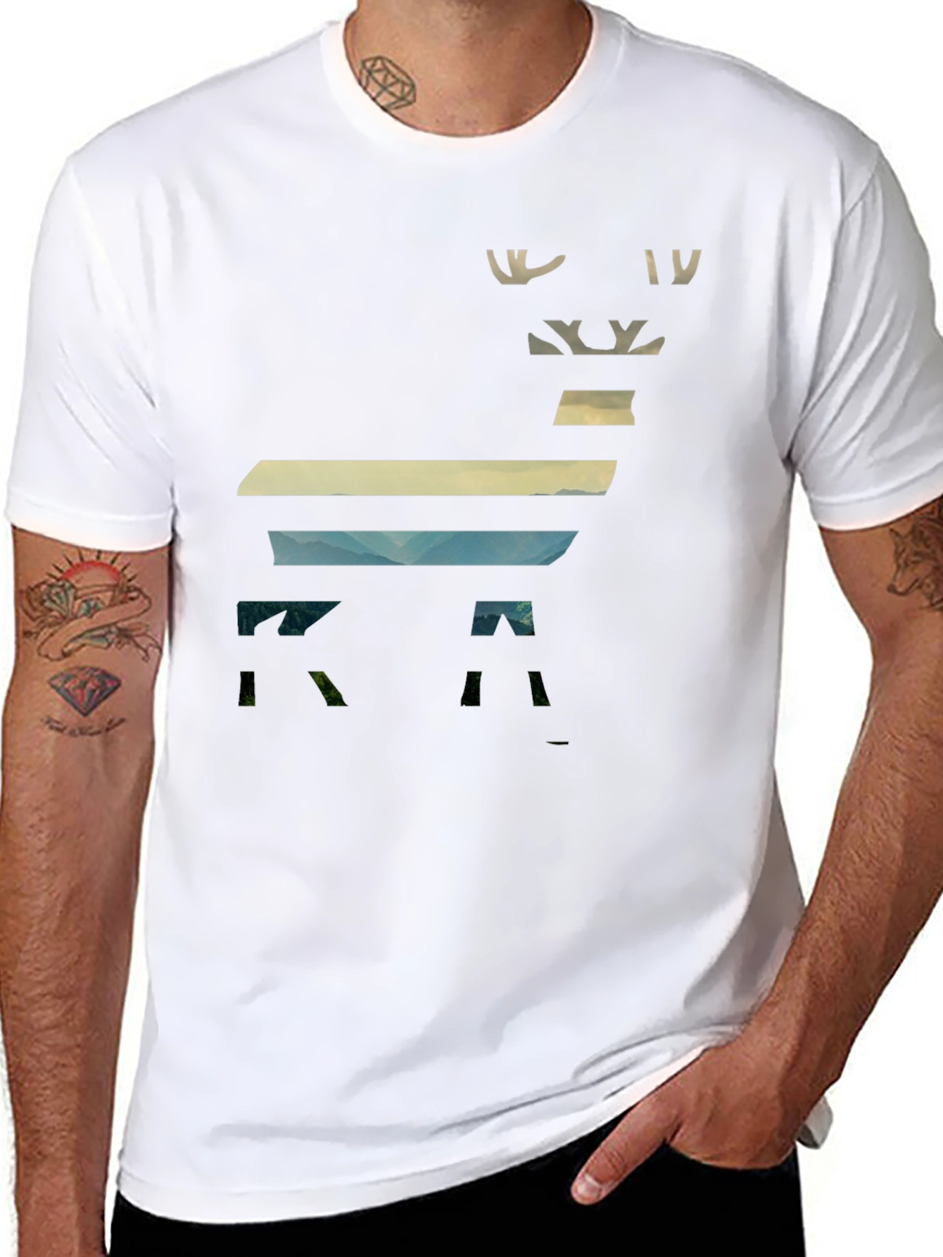Camiseta Negra con Diseño de Ciervo Paisajista