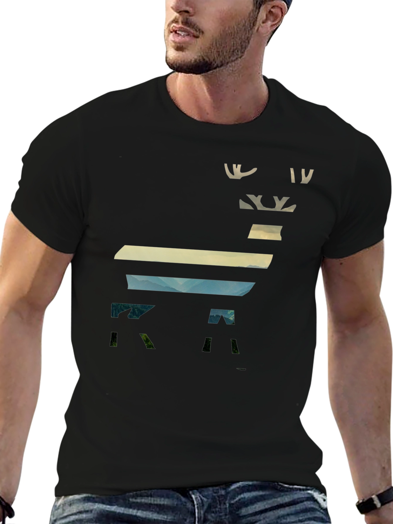 Camiseta Negra con Diseño de Ciervo Paisajista