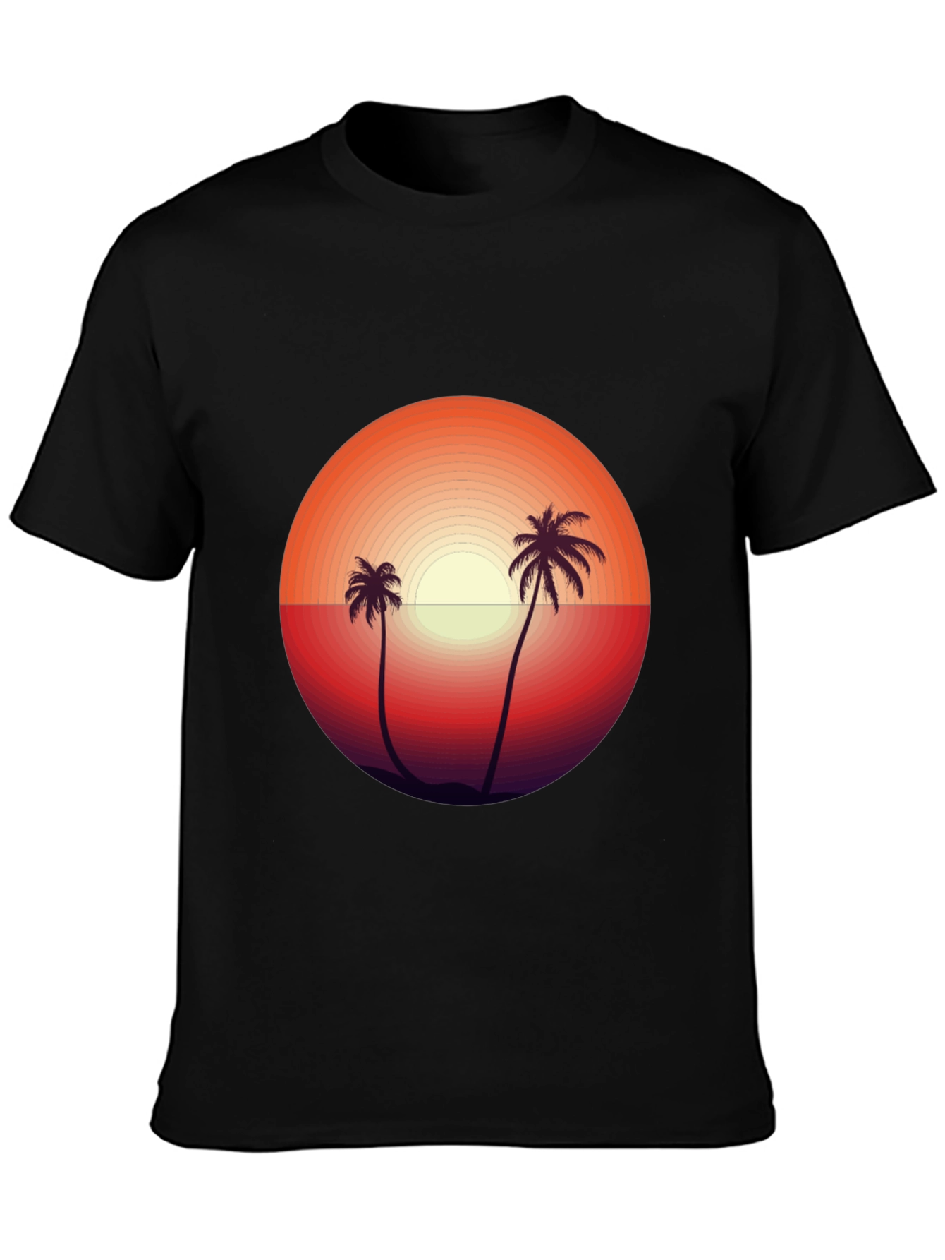 Camiseta Negra con Diseño de Atardecer Tropical