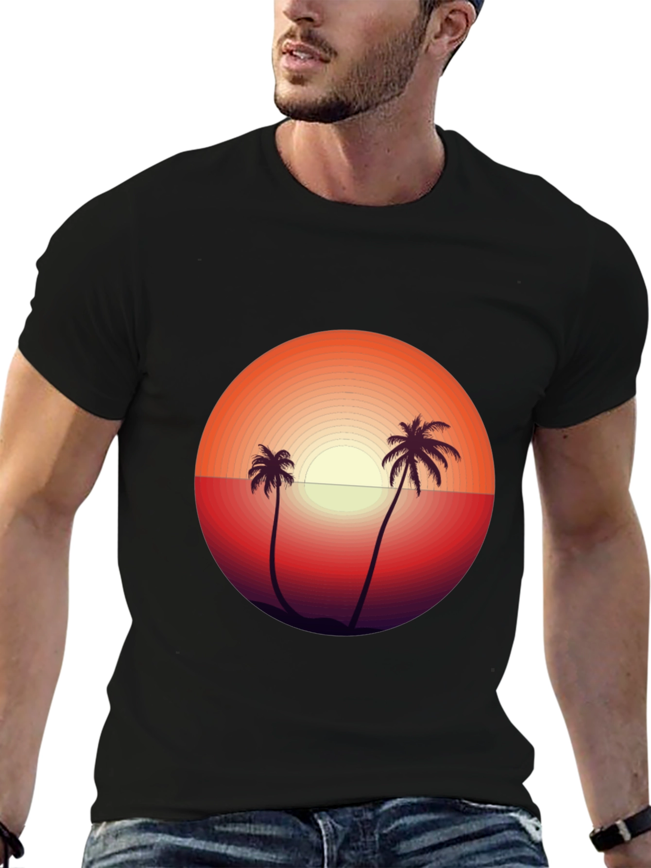 Camiseta Negra con Diseño de Atardecer Tropical