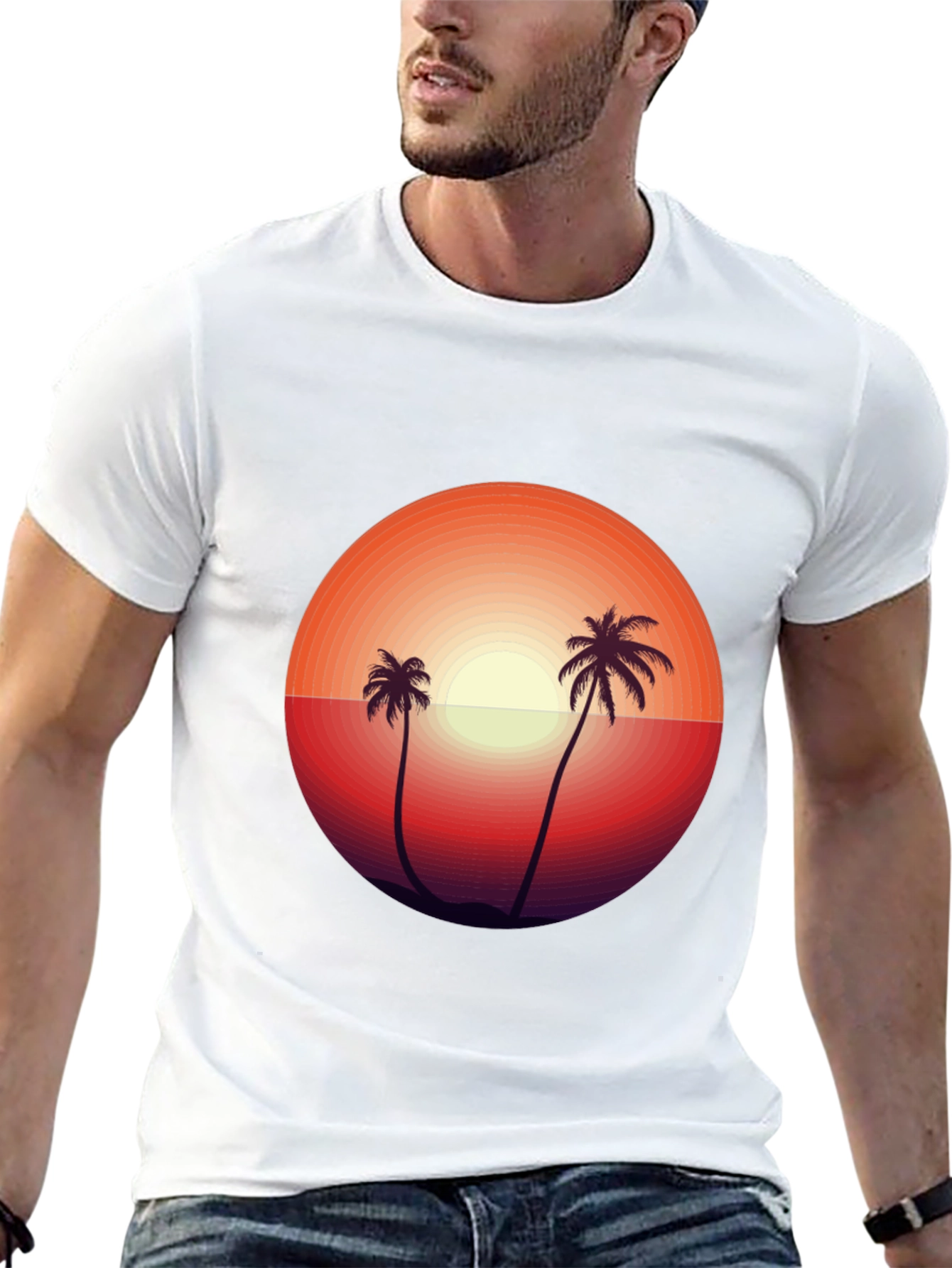 Camiseta Negra con Diseño de Atardecer Tropical