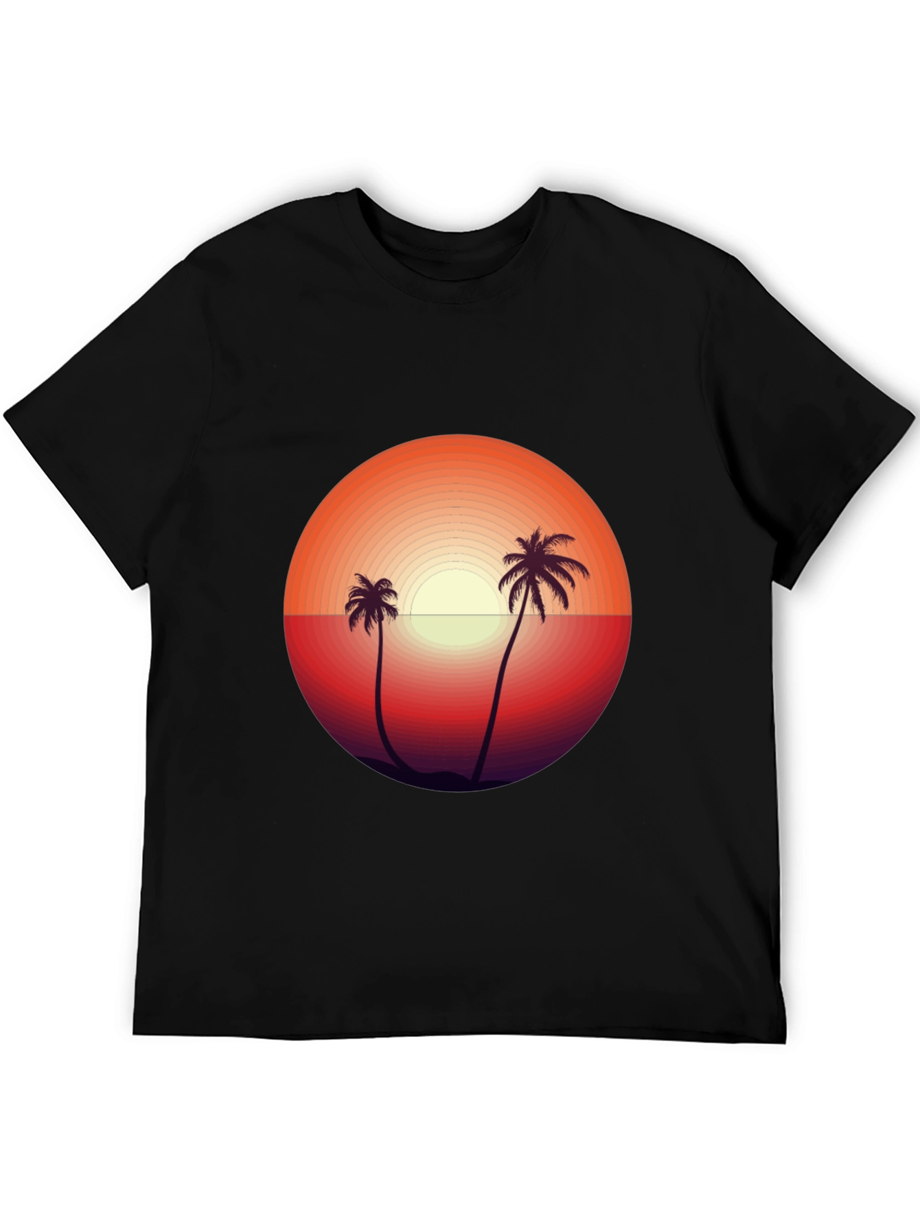 Camiseta Negra con Diseño de Atardecer Tropical