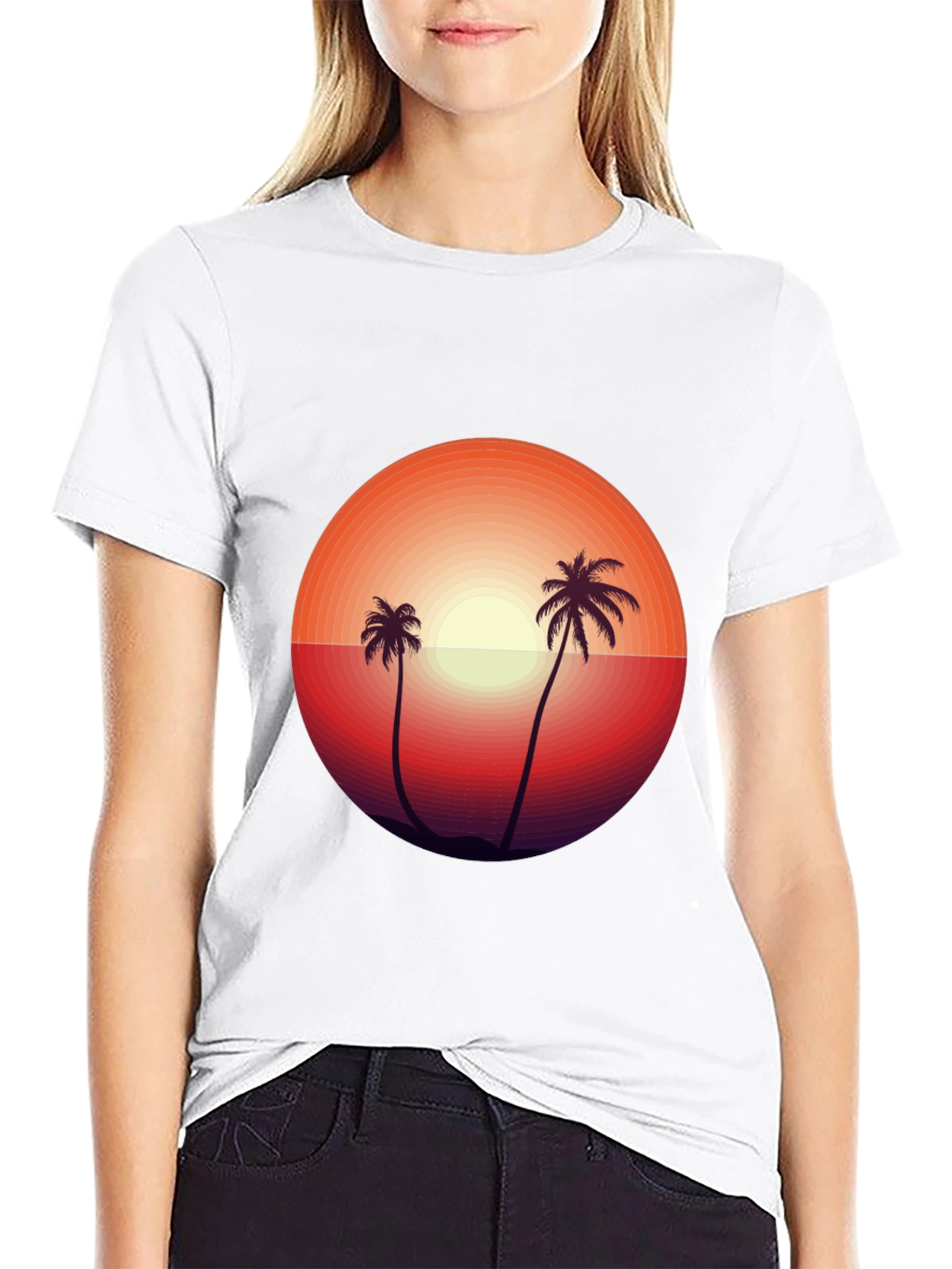 Camiseta Negra con Diseño de Atardecer Tropical