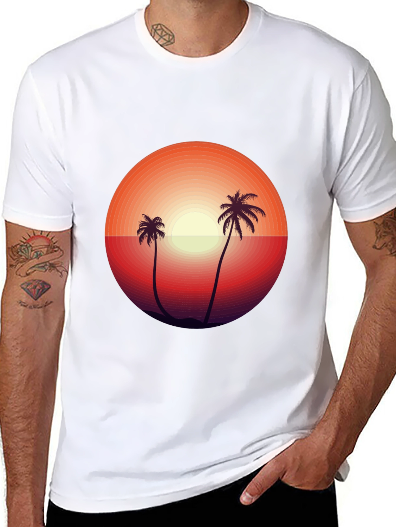 Camiseta Negra con Diseño de Atardecer Tropical