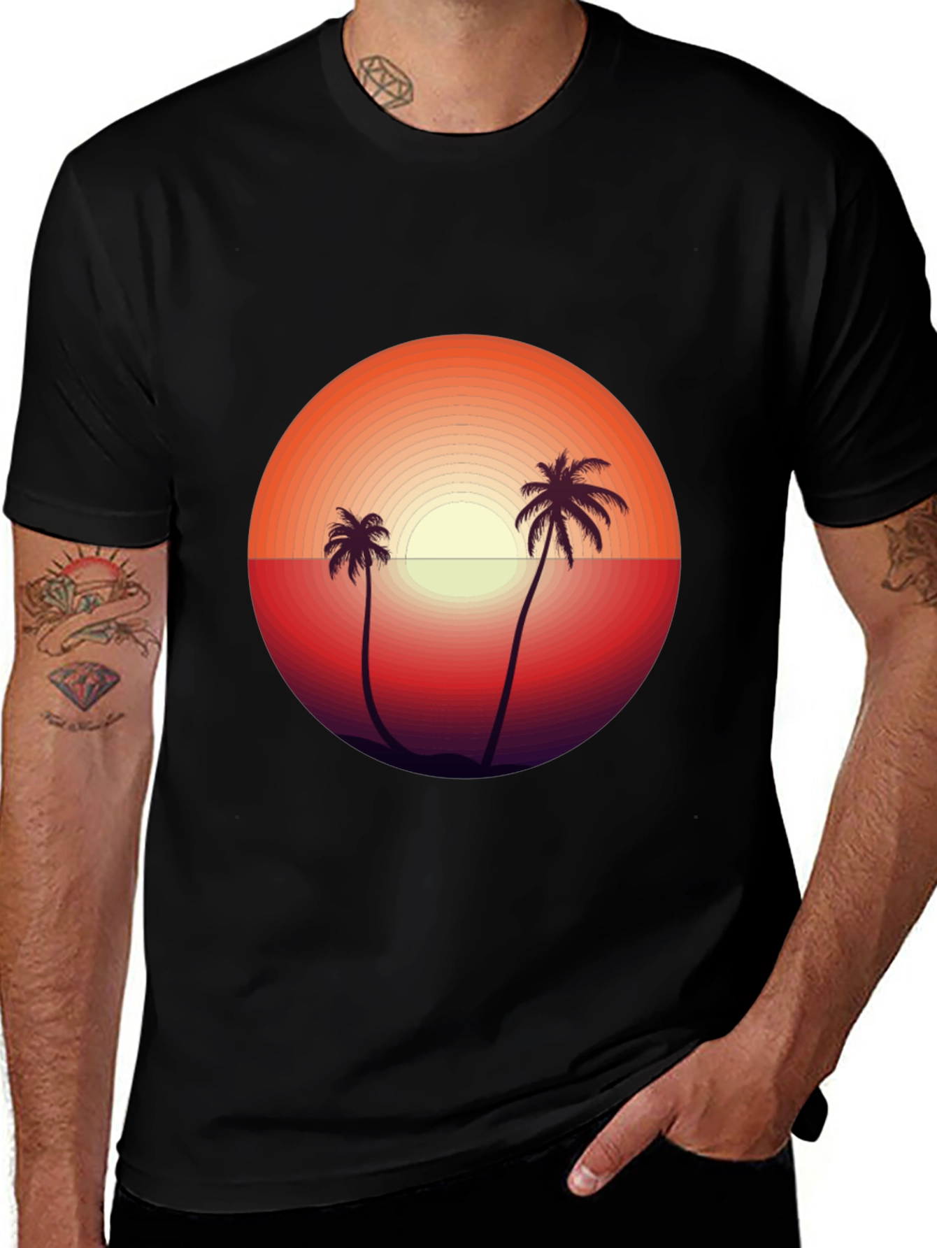 Camiseta Negra con Diseño de Atardecer Tropical