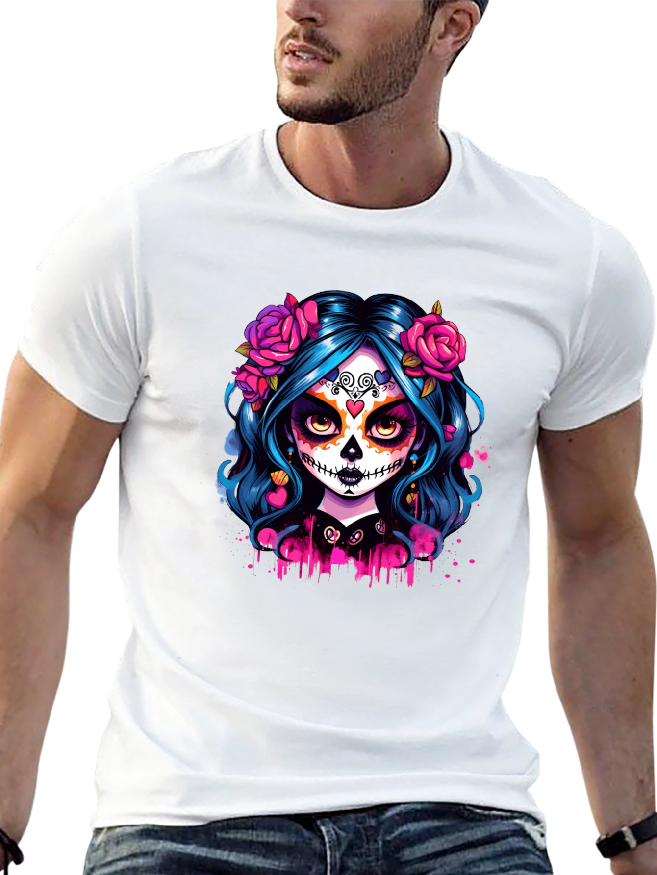 Camiseta Negra con Diseño de Catrina Floral