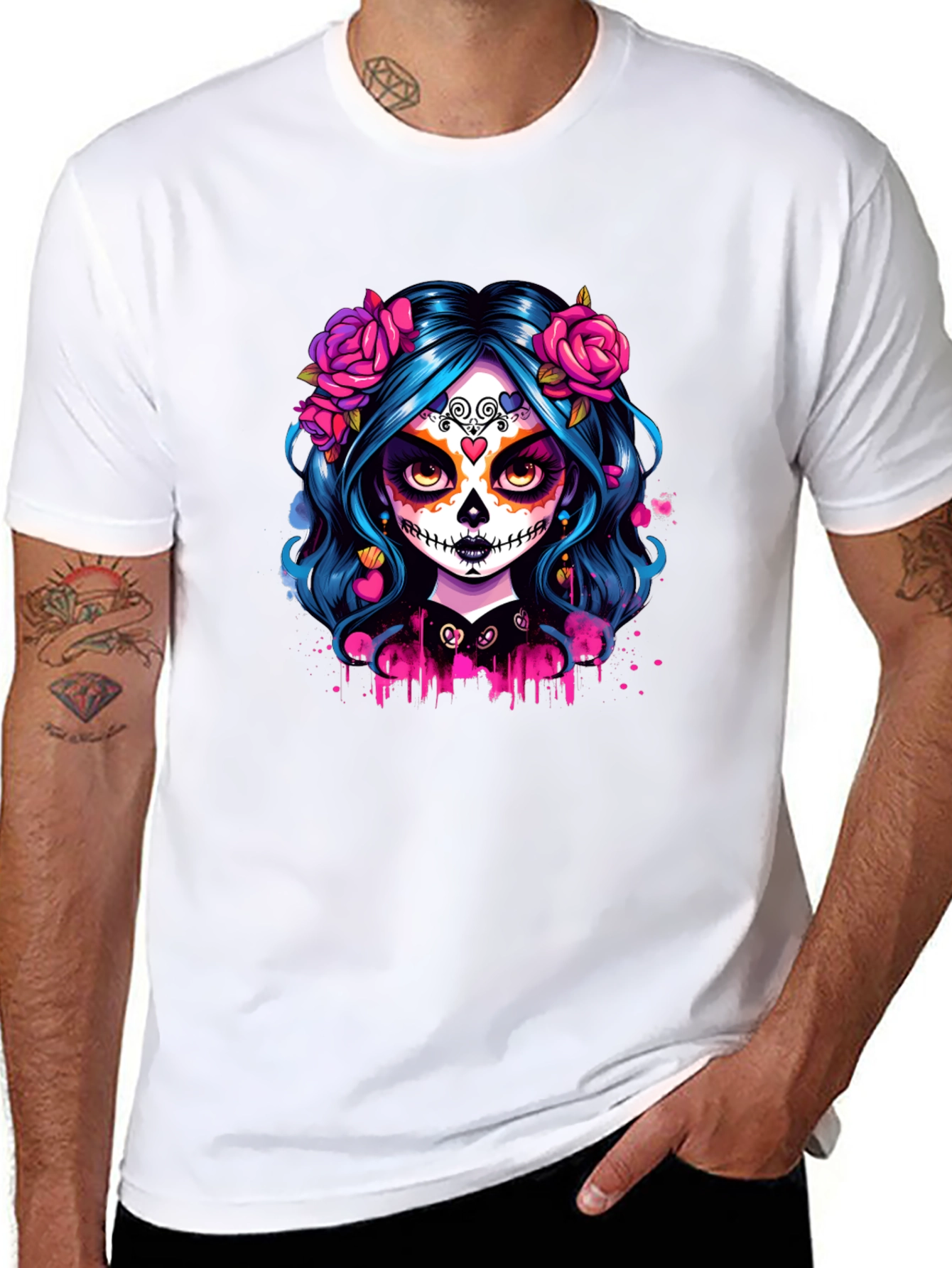 Camiseta Negra con Diseño de Catrina Floral