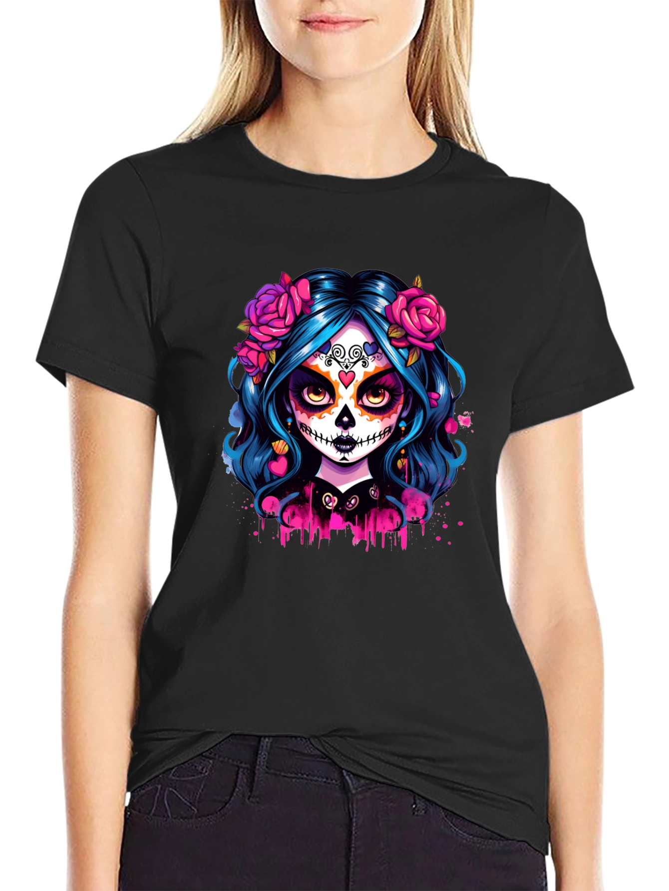 Camiseta Negra con Diseño de Catrina Floral