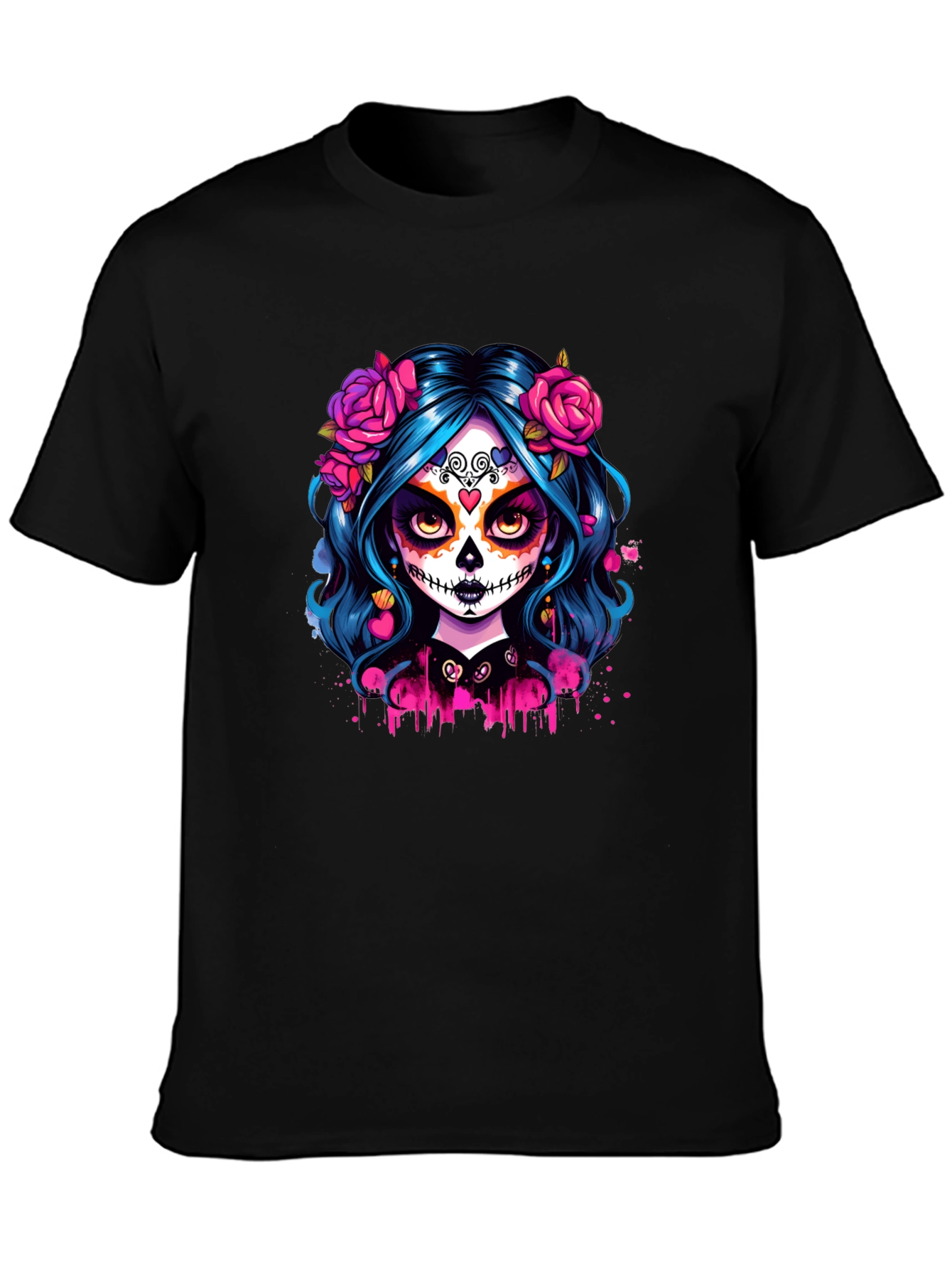Camiseta Negra con Diseño de Catrina Floral