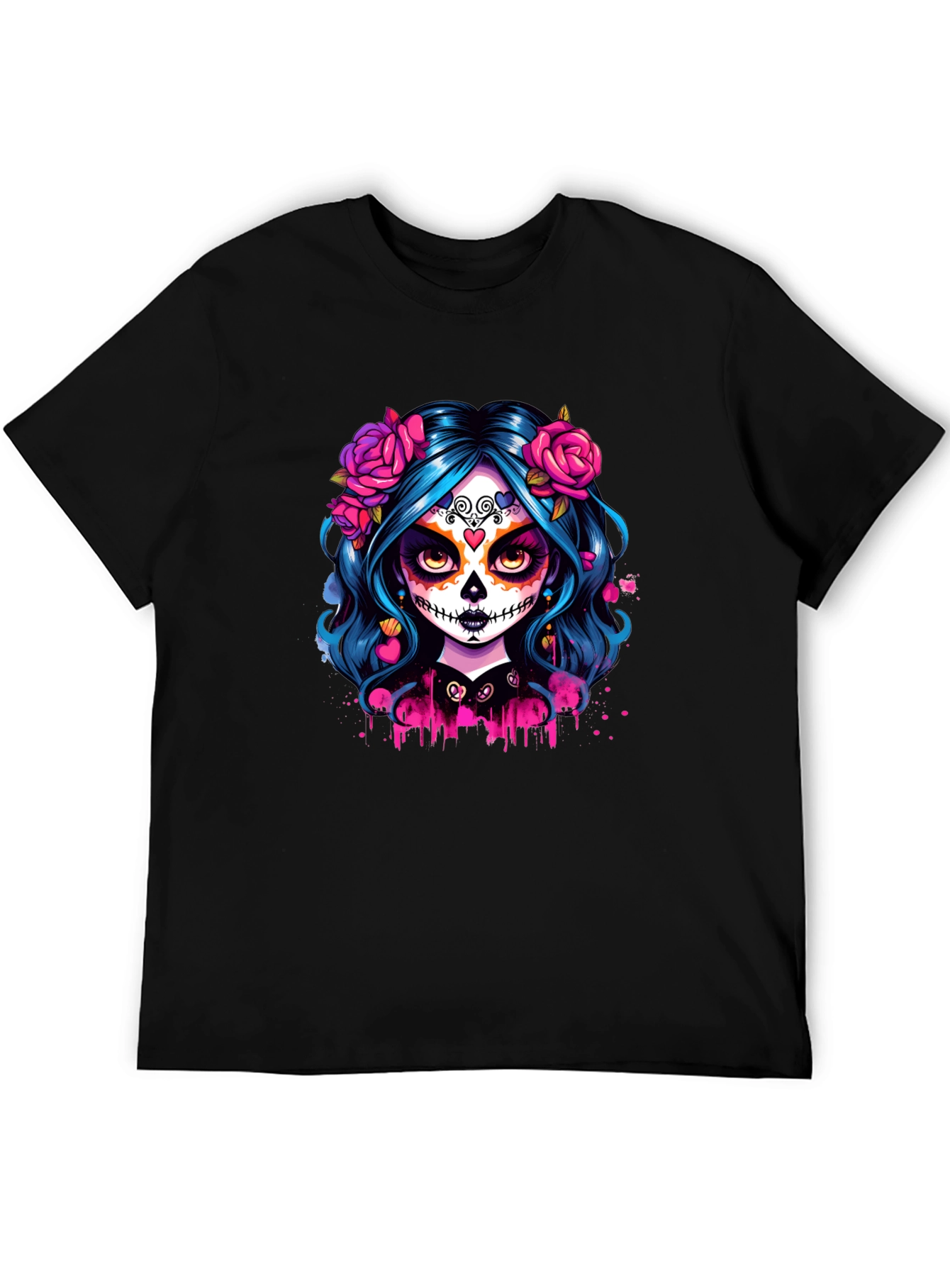 Camiseta Negra con Diseño de Catrina Floral