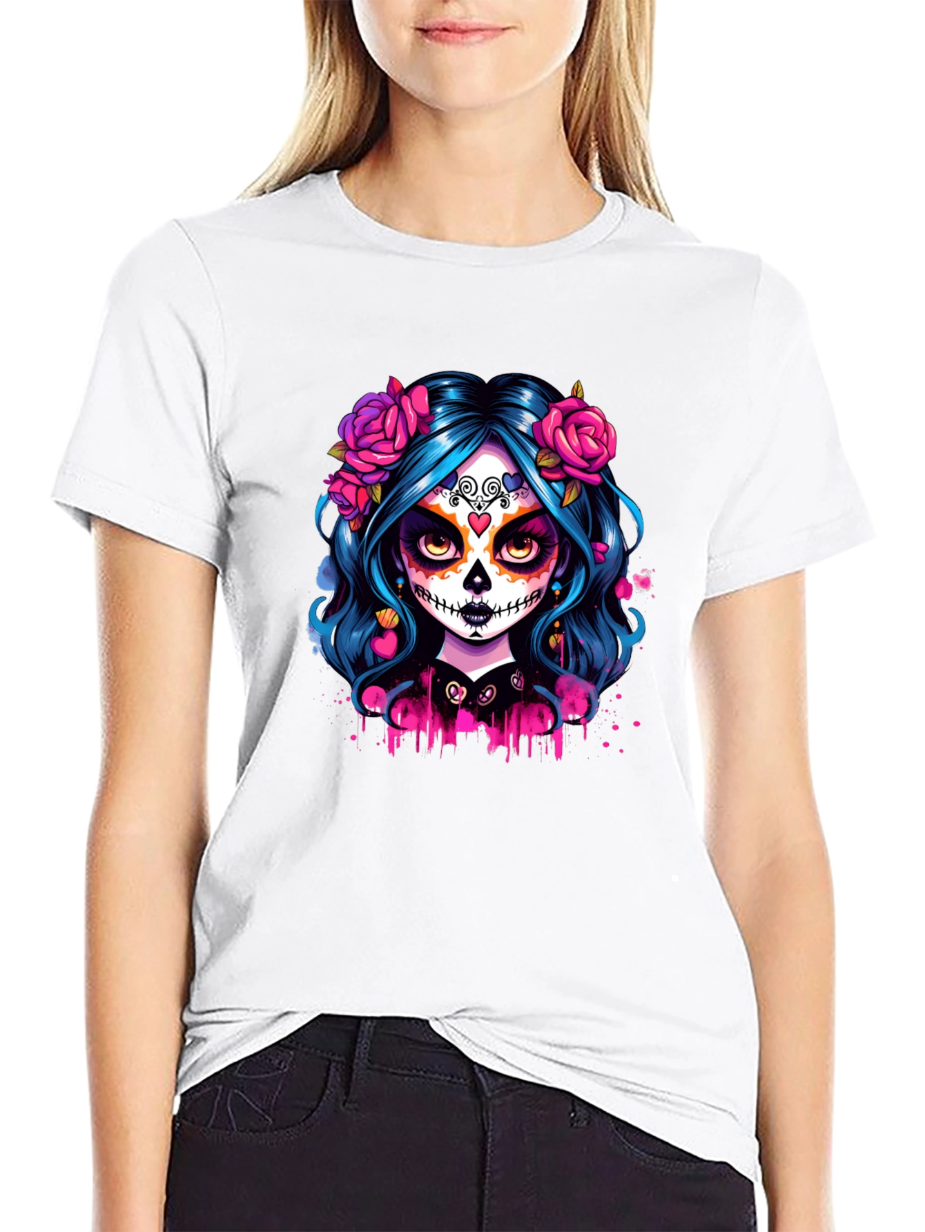 Camiseta Negra con Diseño de Catrina Floral