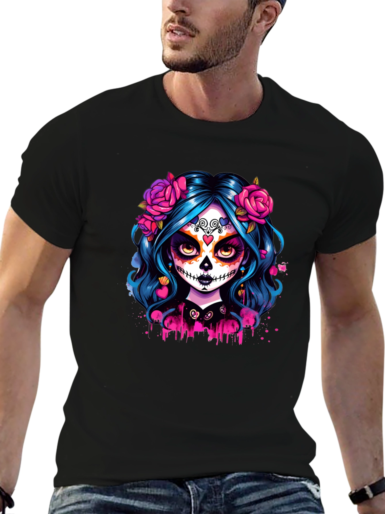Camiseta Negra con Diseño de Catrina Floral