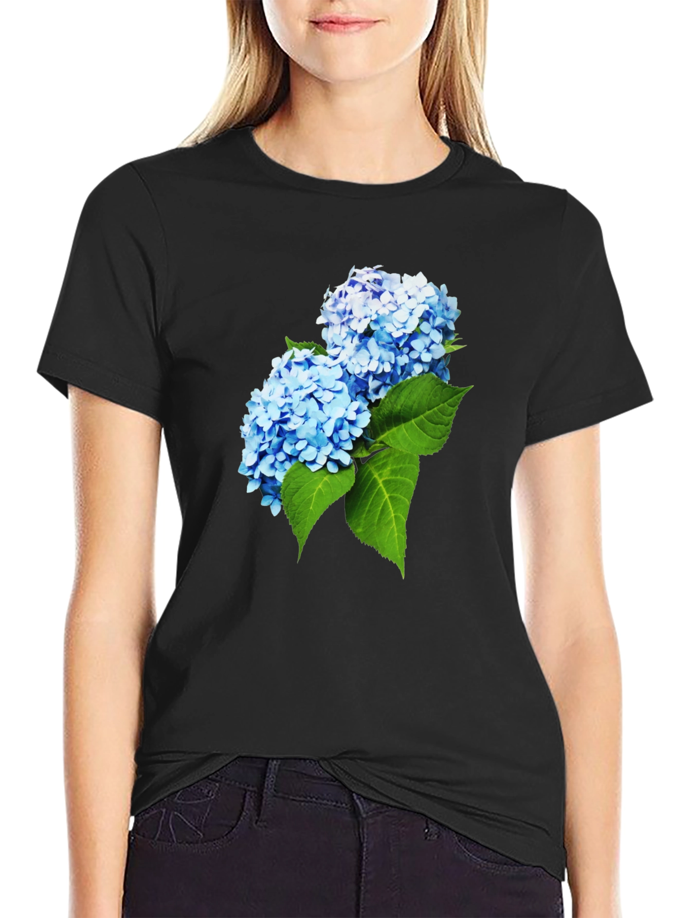 Camiseta Hombre Negra con Hortensias Azules