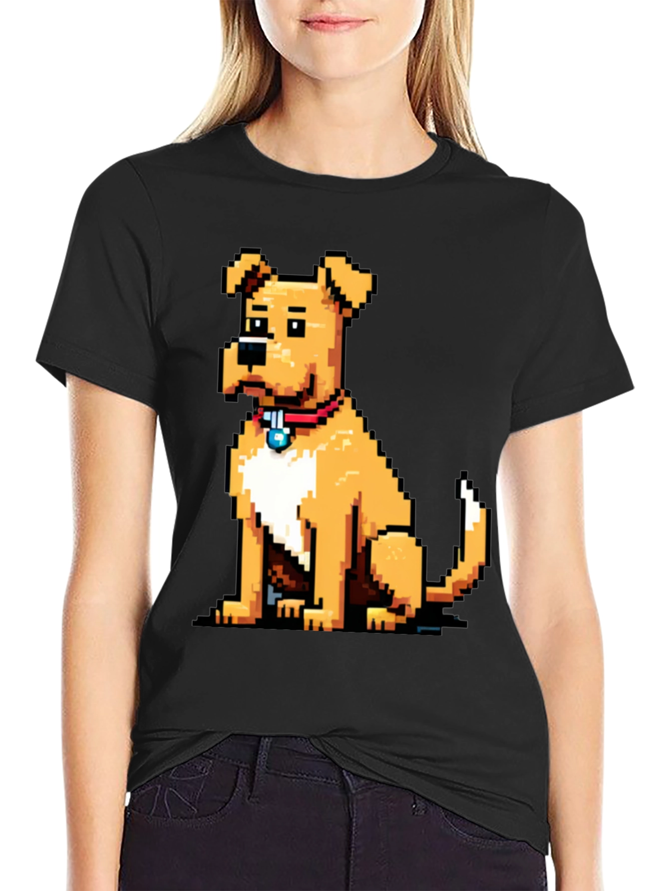 Camiseta Negra con Diseño de Perro Pixelado