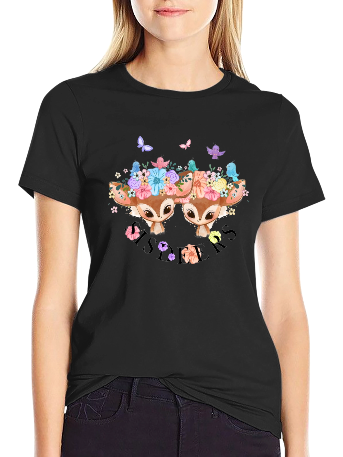 Camiseta Negra con Diseño de Ciervos Florales