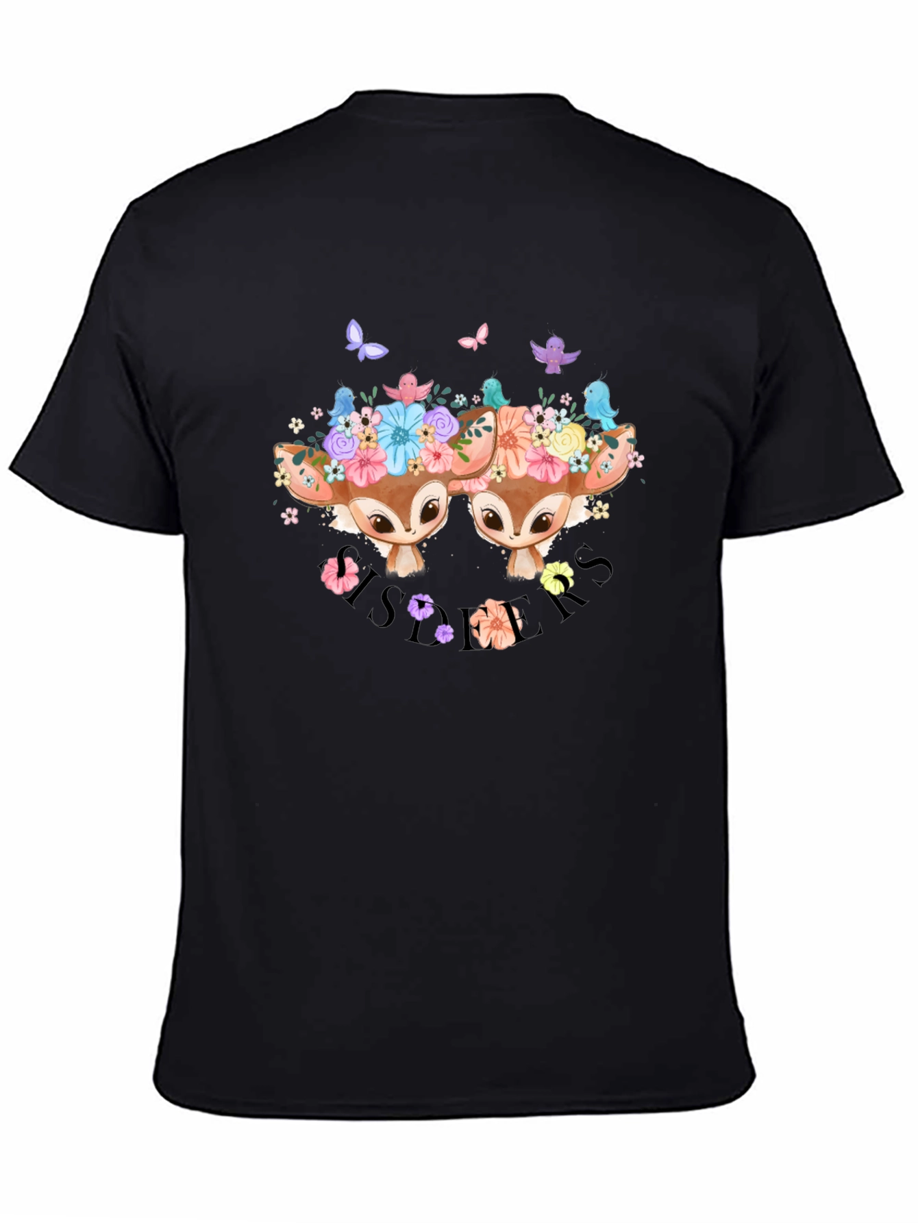 Camiseta Negra con Diseño de Ciervos Florales