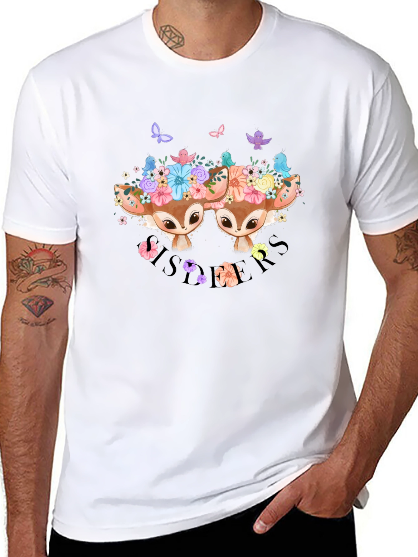 Camiseta Negra con Diseño de Ciervos Florales