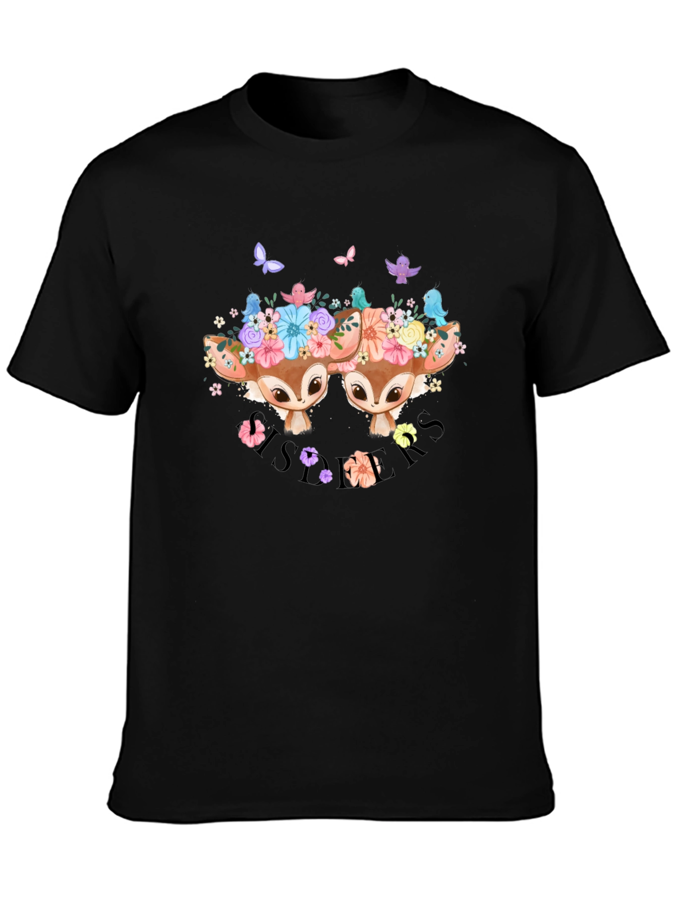 Camiseta Negra con Diseño de Ciervos Florales