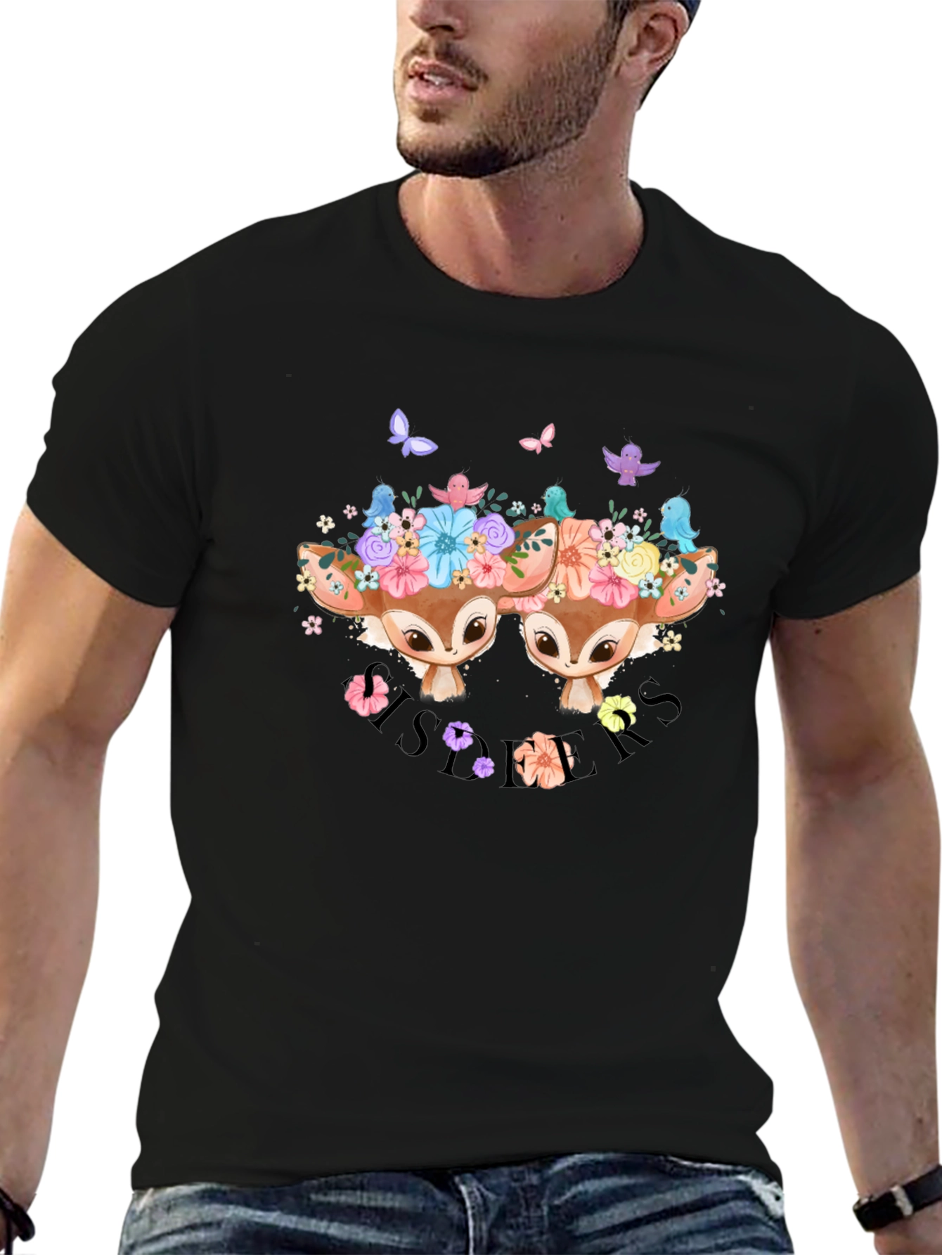 Camiseta Negra con Diseño de Ciervos Florales