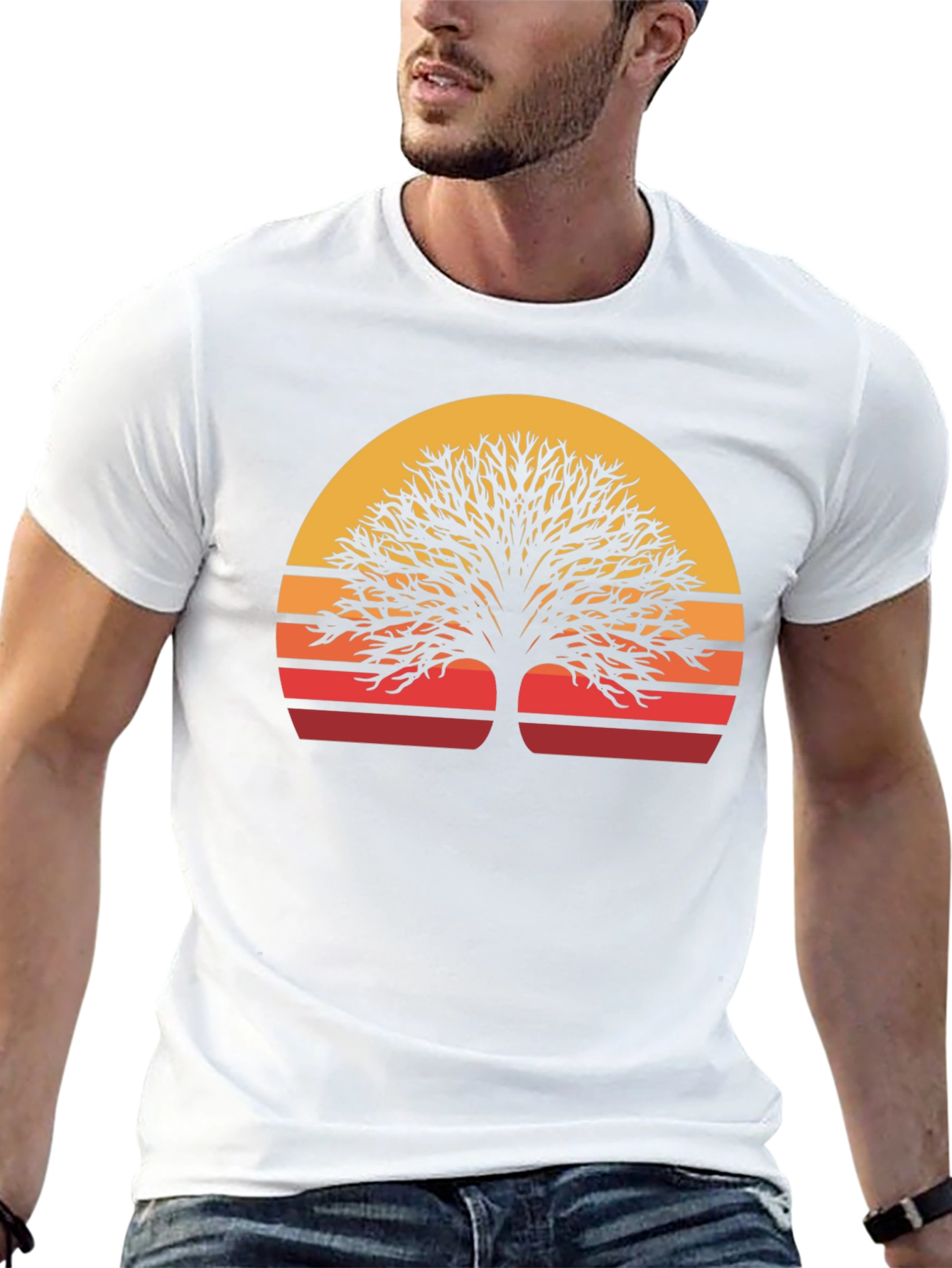 Camiseta Negra con Diseño de Árbol al Atardecer
