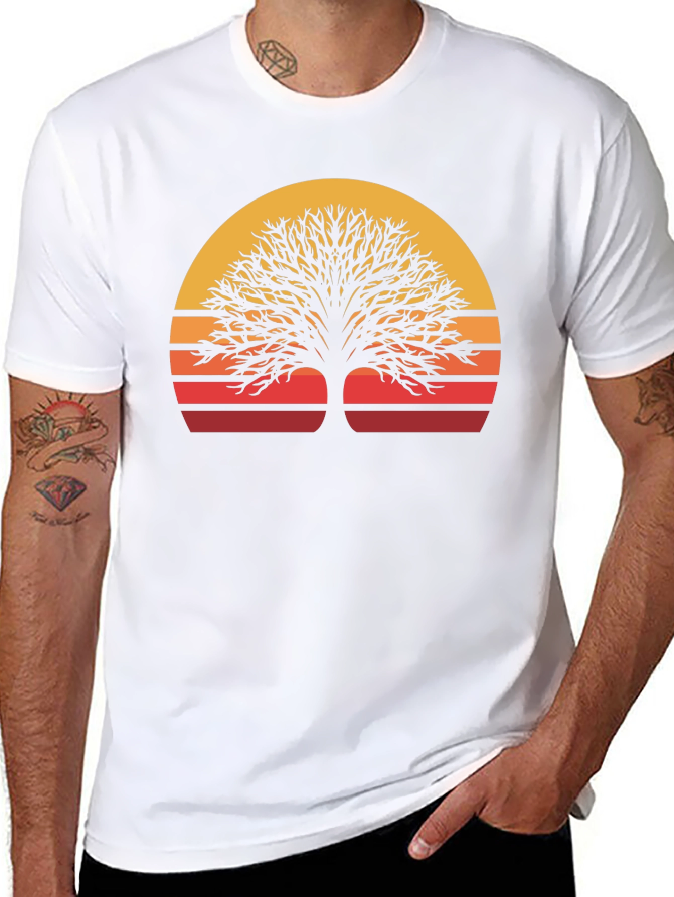 Camiseta Negra con Diseño de Árbol al Atardecer