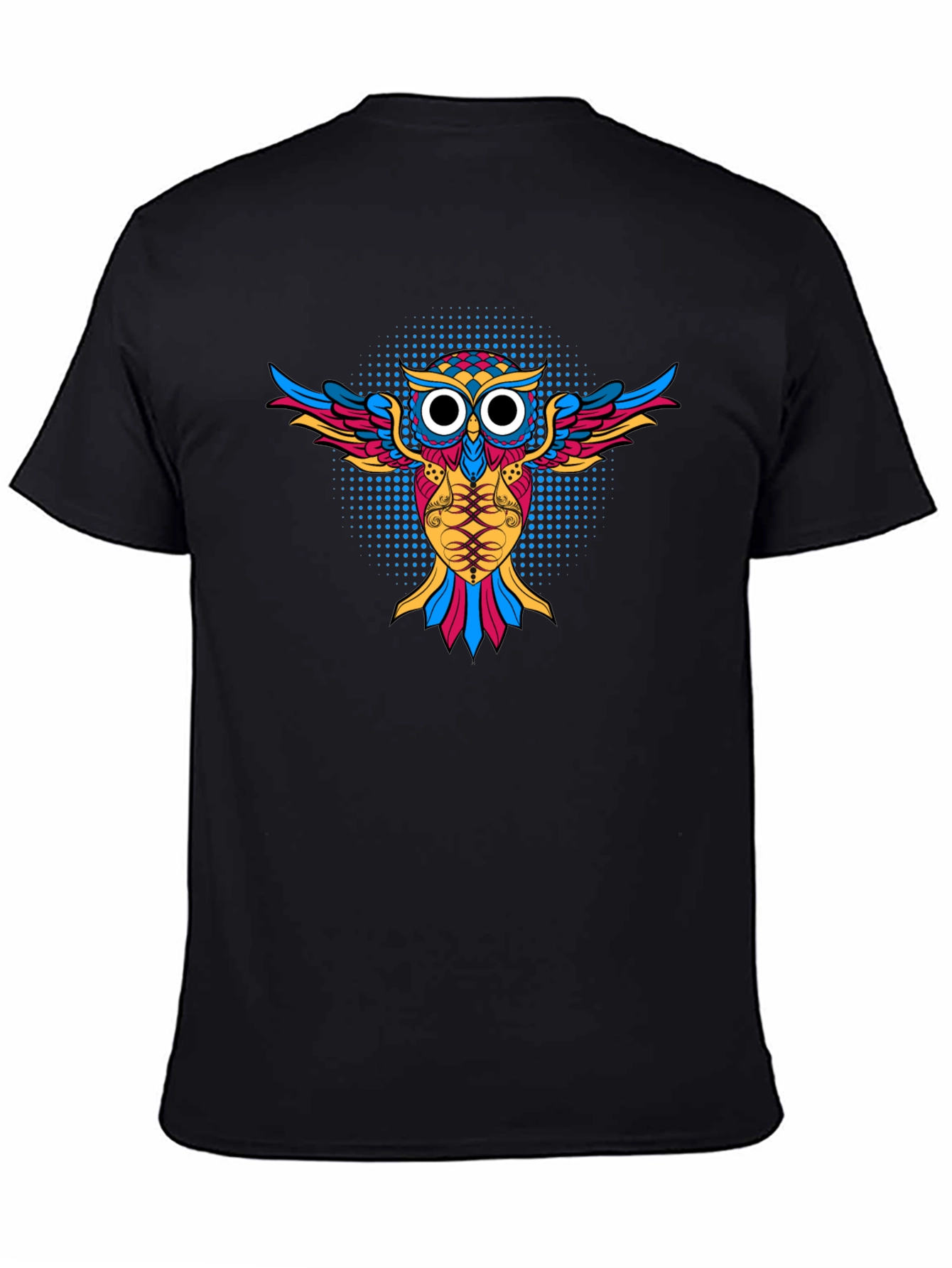 Camiseta Negra con Diseño de Búho Psicodélico