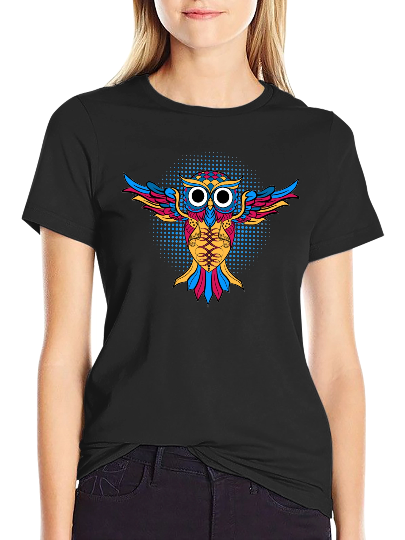 Camiseta Negra con Diseño de Búho Psicodélico