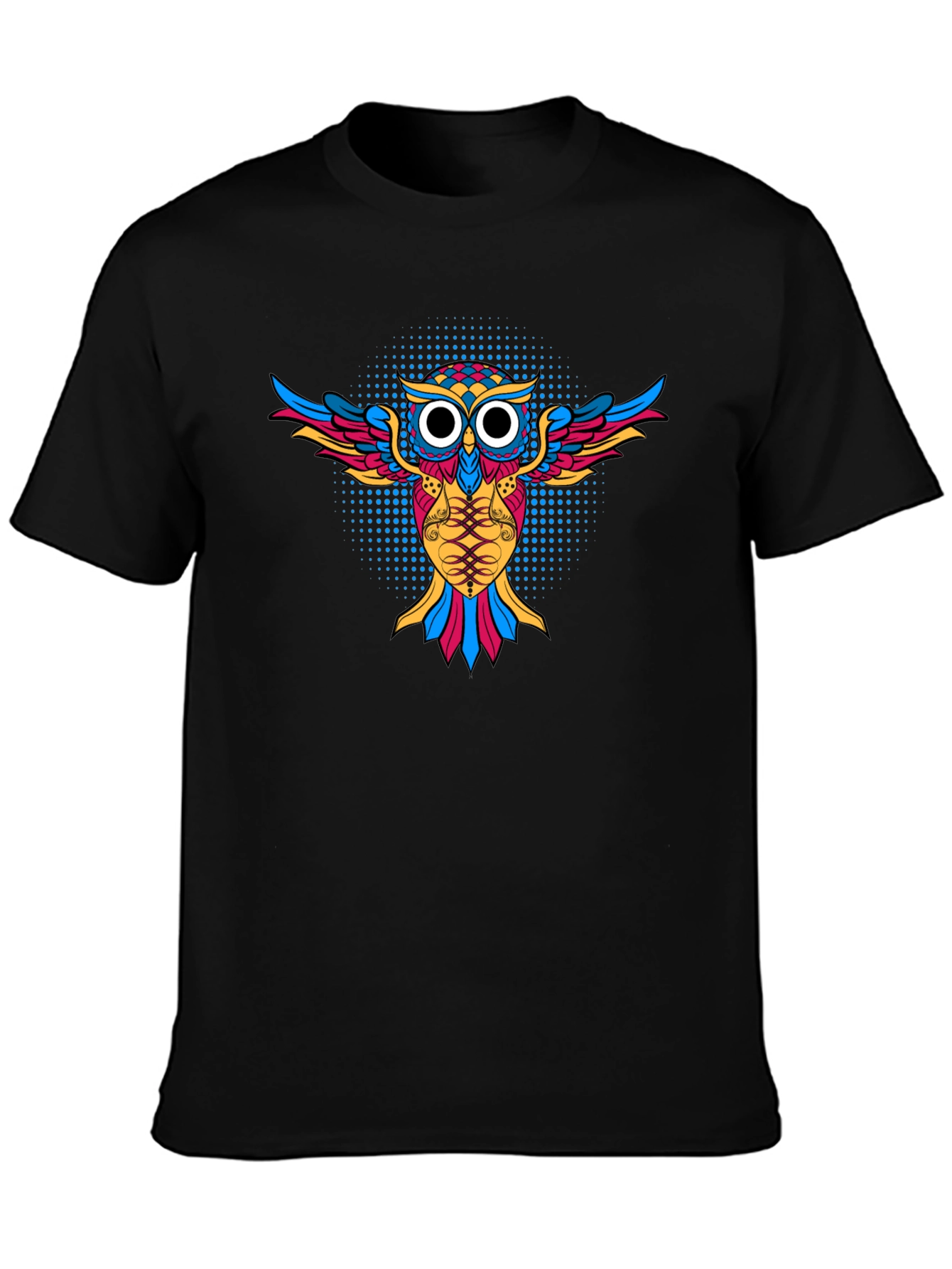 Camiseta Negra con Diseño de Búho Psicodélico