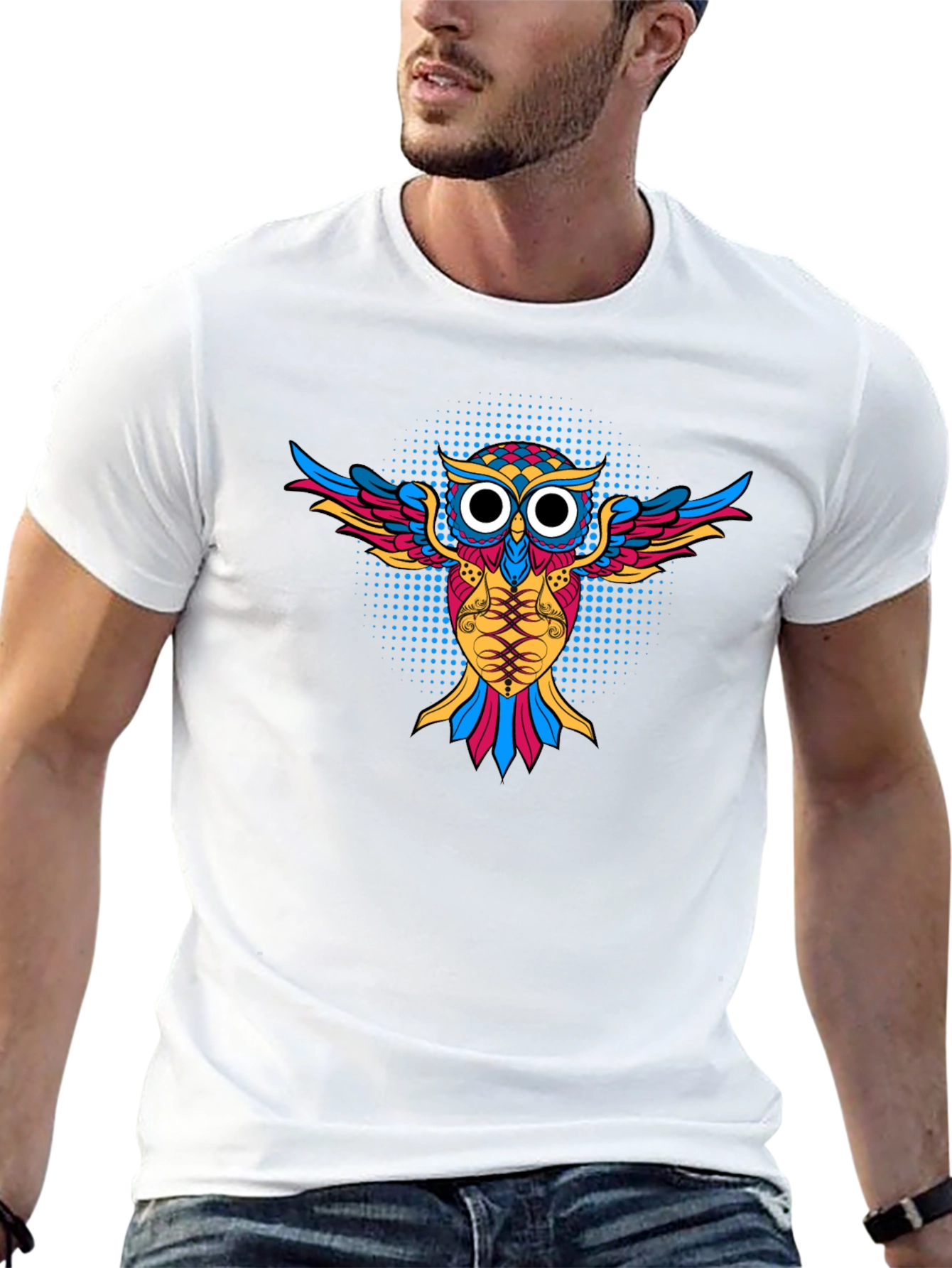 Camiseta Negra con Diseño de Búho Psicodélico