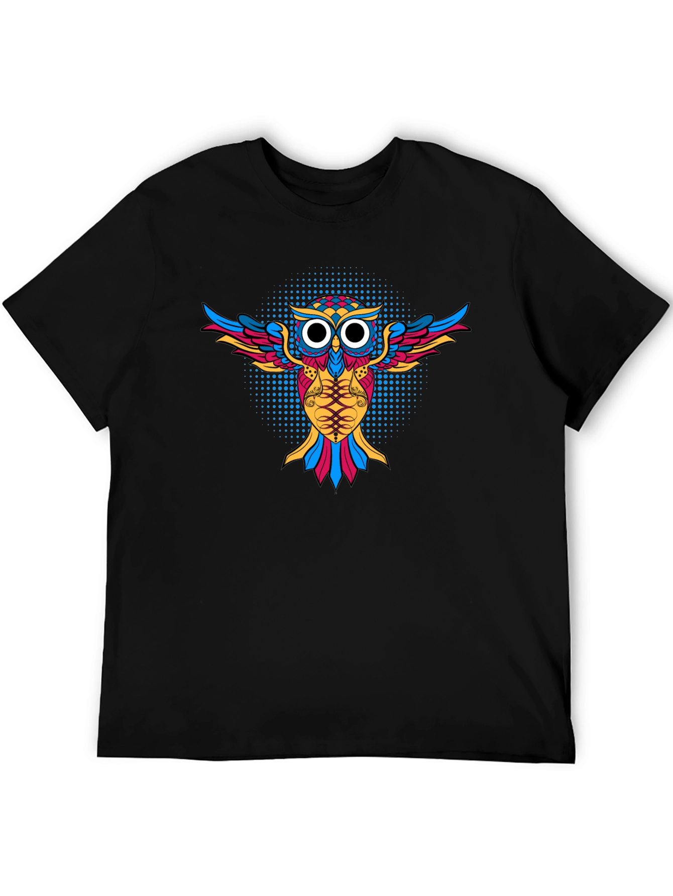 Camiseta Negra con Diseño de Búho Psicodélico