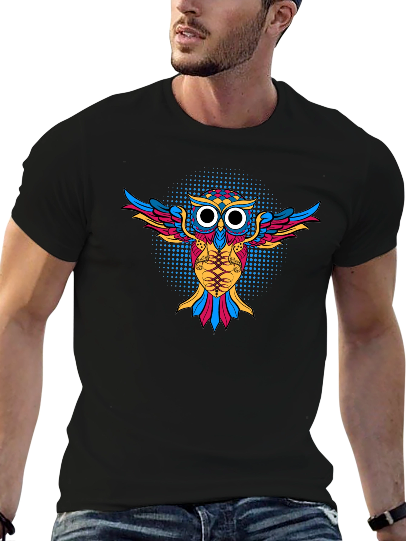 Camiseta Negra con Diseño de Búho Psicodélico
