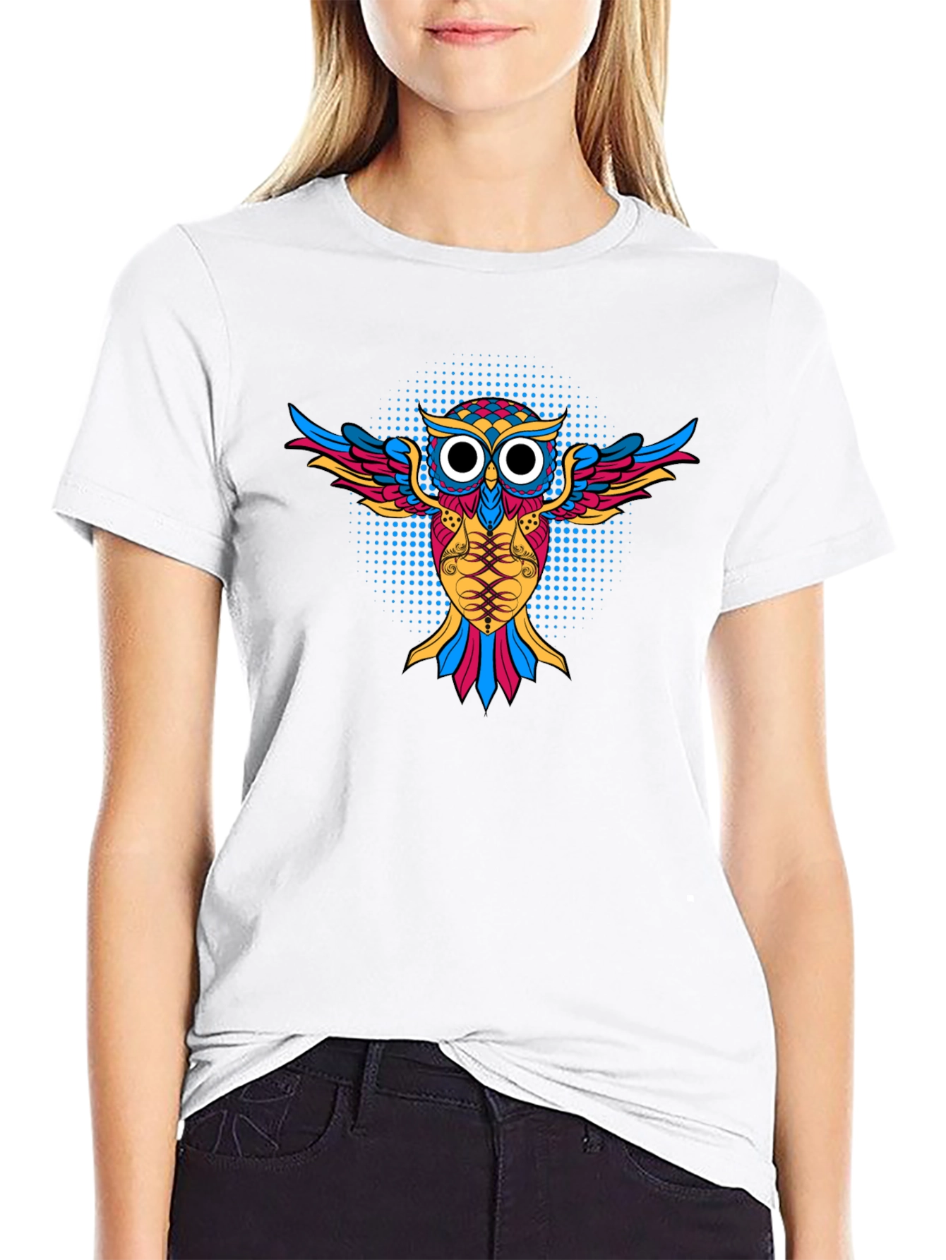 Camiseta Negra con Diseño de Búho Psicodélico