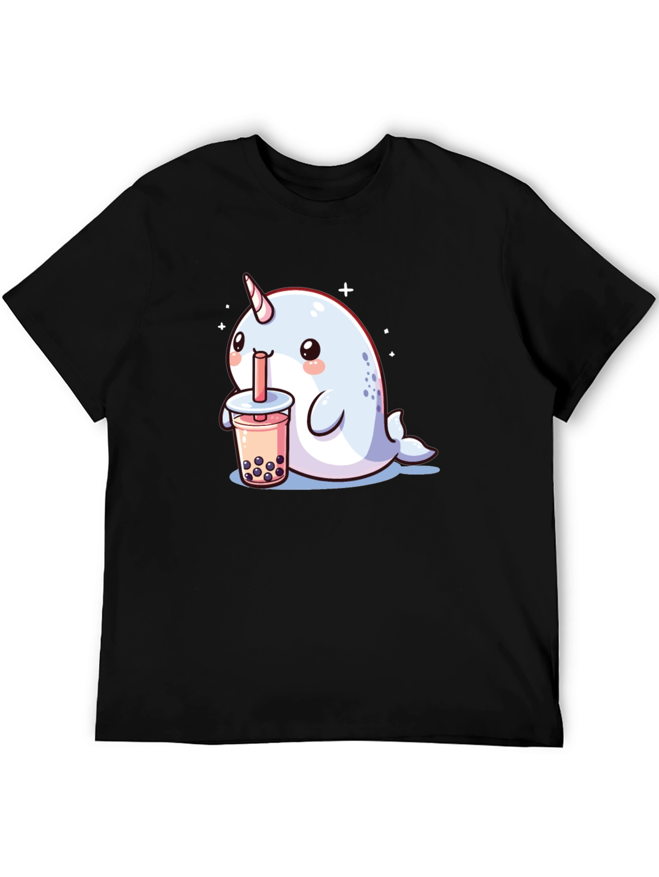 Camiseta Negra Narval Kawaii Bebiendo Boba