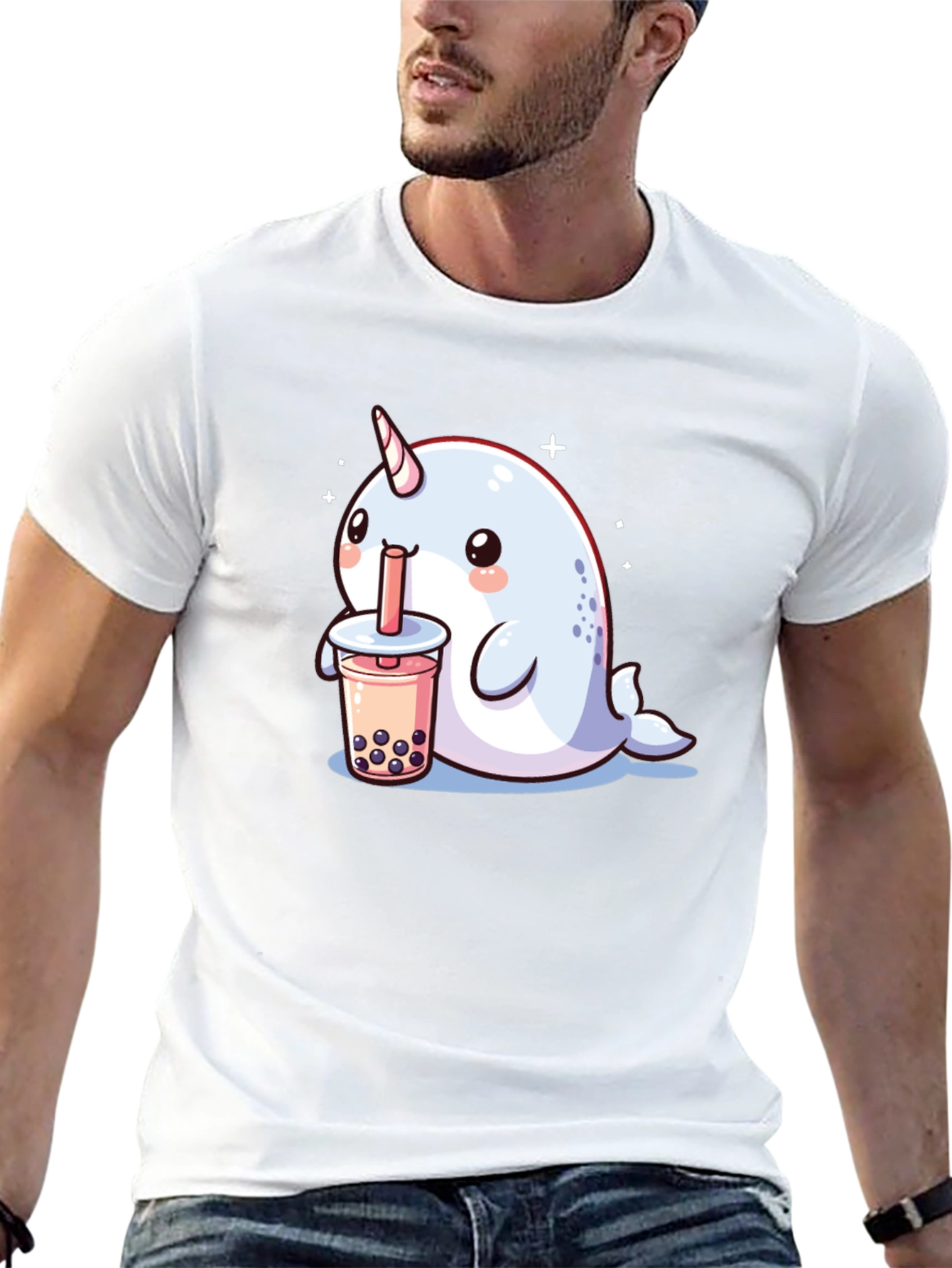 Camiseta Negra Narval Kawaii Bebiendo Boba