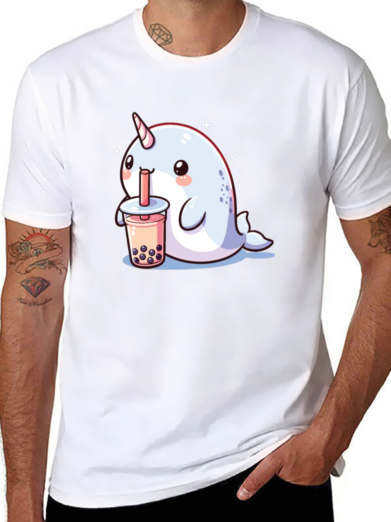 Camiseta Negra Narval Kawaii Bebiendo Boba