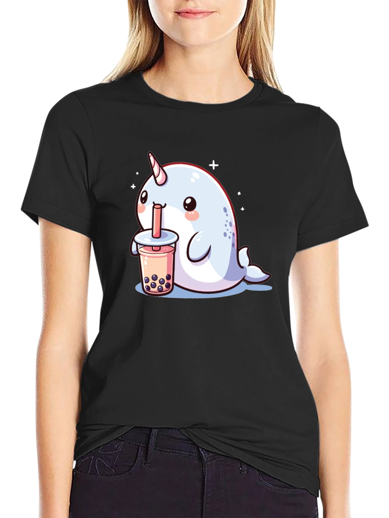 Camiseta Negra Narval Kawaii Bebiendo Boba