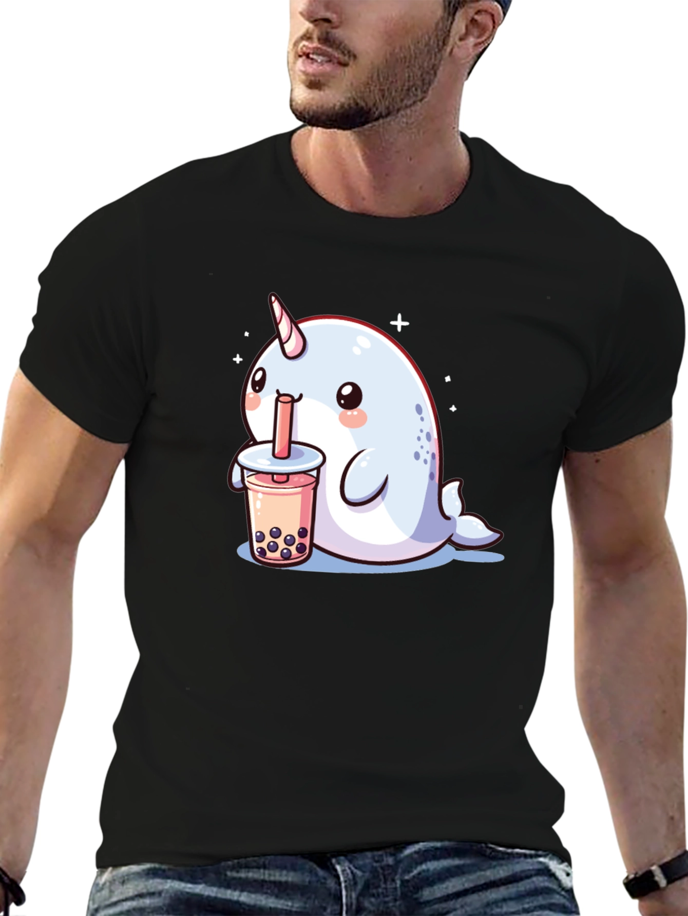 Camiseta Negra Narval Kawaii Bebiendo Boba