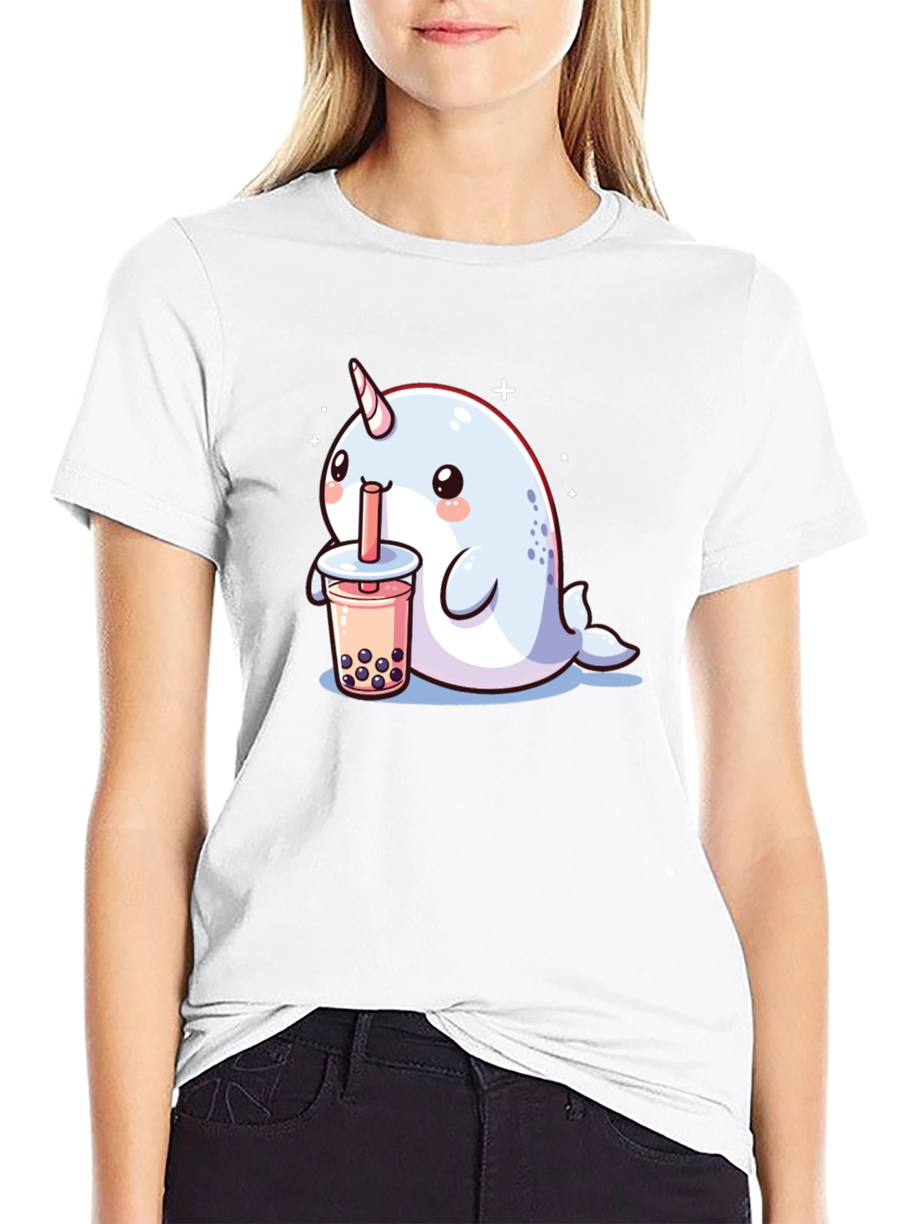 Camiseta Negra Narval Kawaii Bebiendo Boba