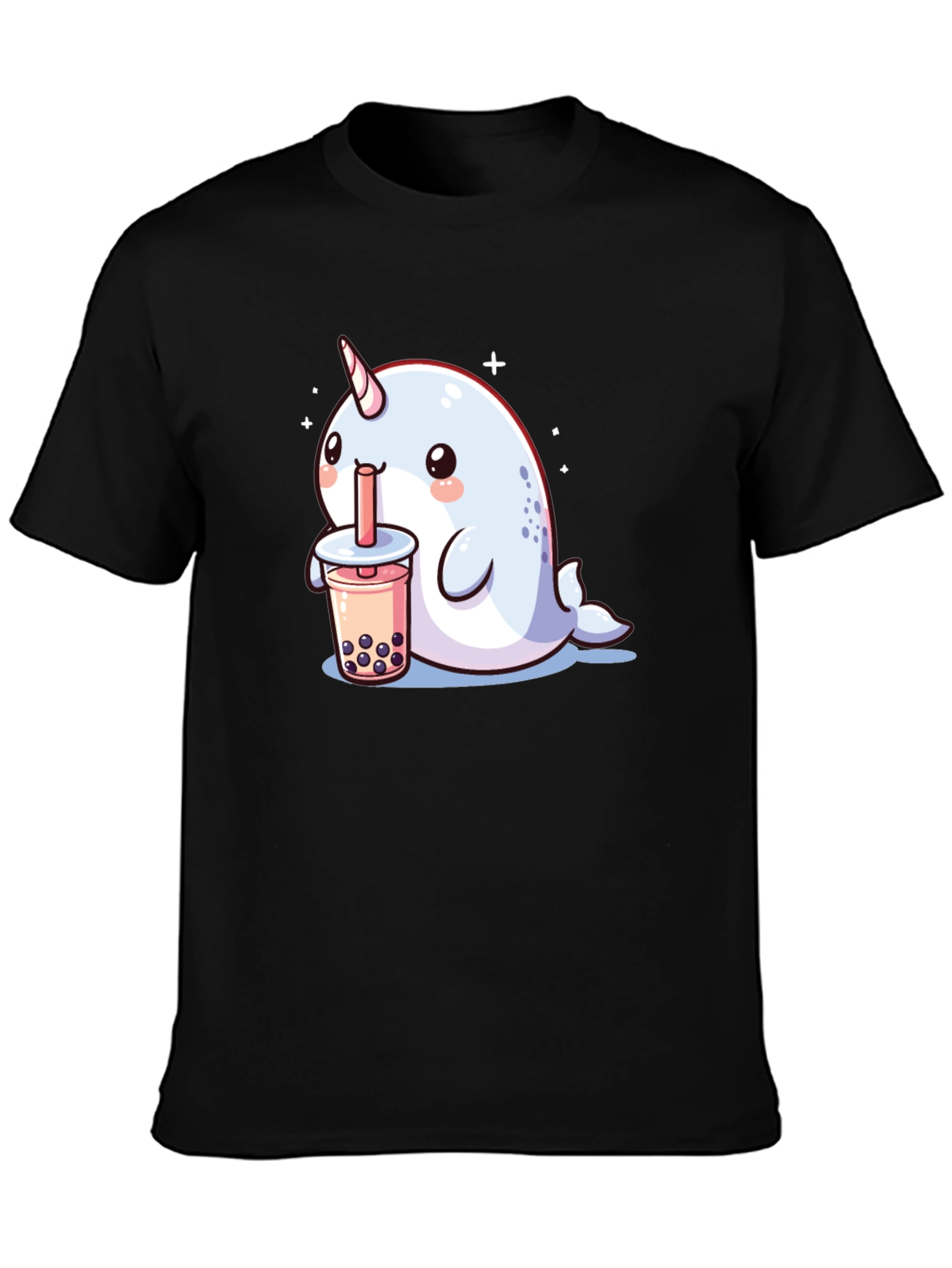 Camiseta Negra Narval Kawaii Bebiendo Boba