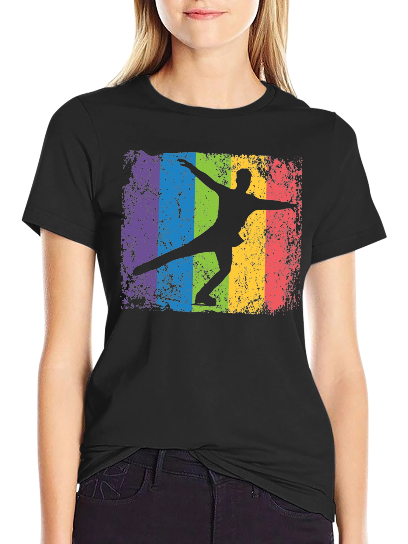 Camiseta Negra con Diseño de Patinador Artístico Retro