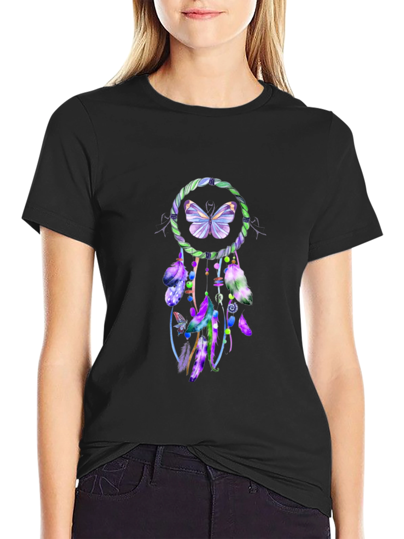 Camiseta Negra con Diseño Atrapasueños Mariposa