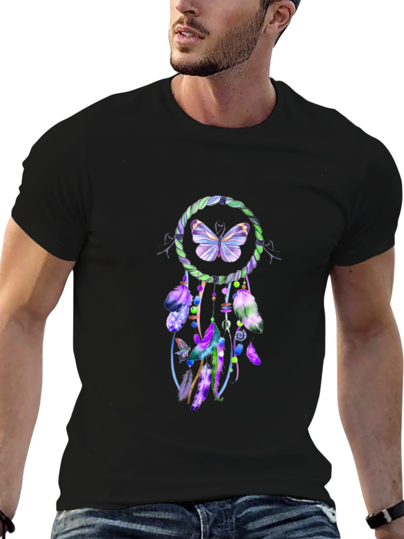 Camiseta Negra con Diseño Atrapasueños Mariposa