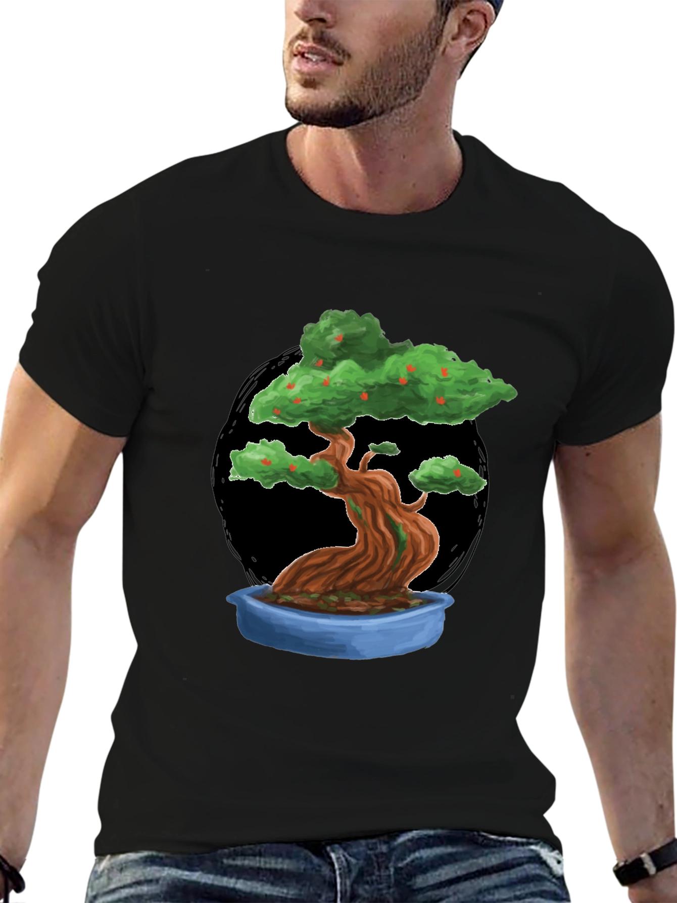 Camiseta Negra con Diseño de Bonsái Frutal