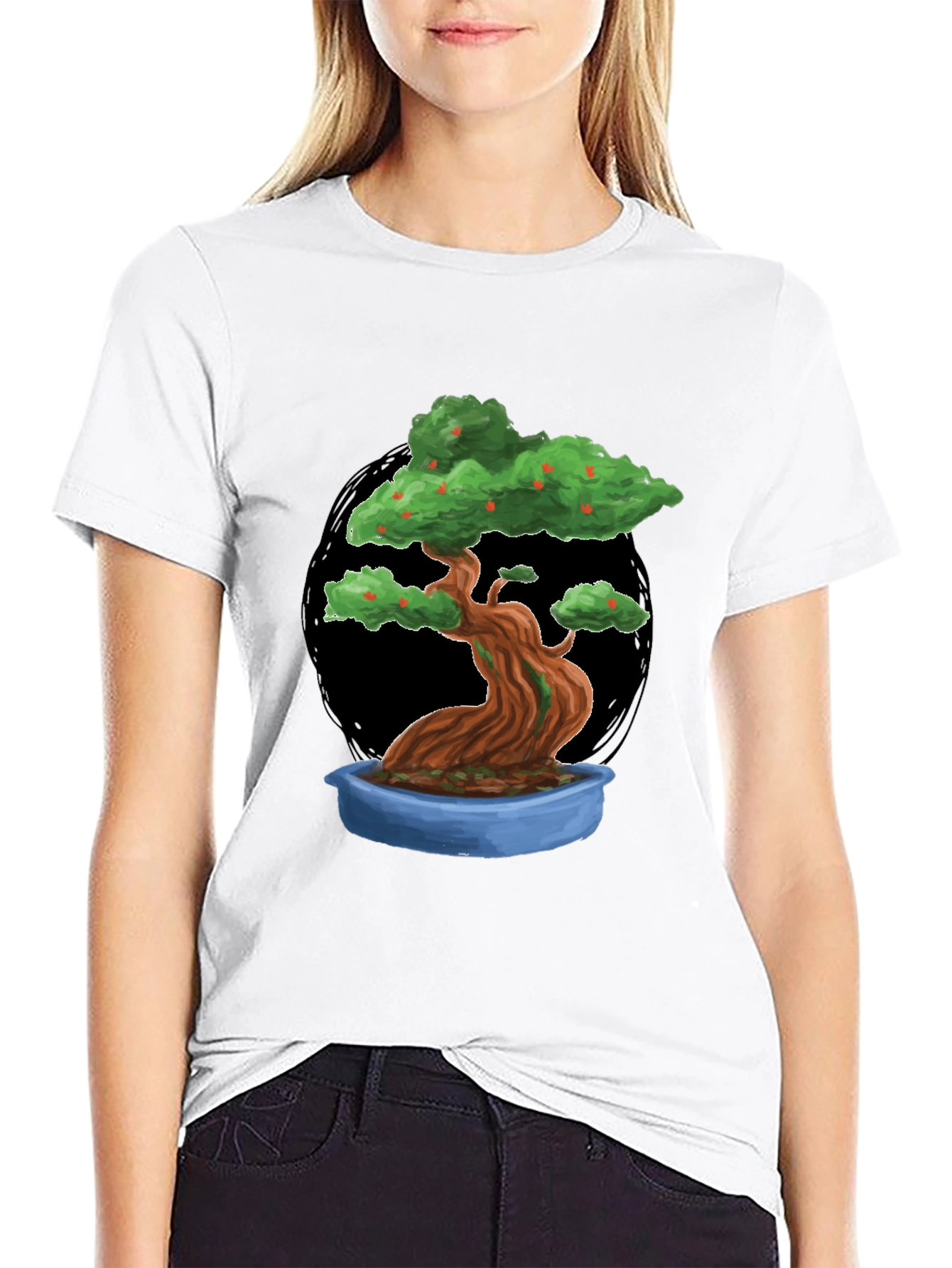 Camiseta Negra con Diseño de Bonsái Frutal
